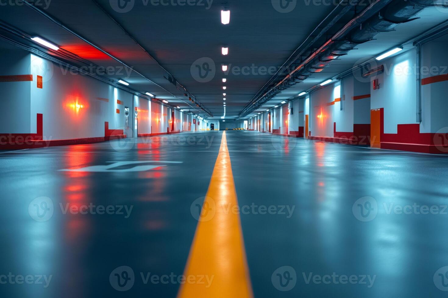 Empty underground parking lot with orange stripe guiding line photo