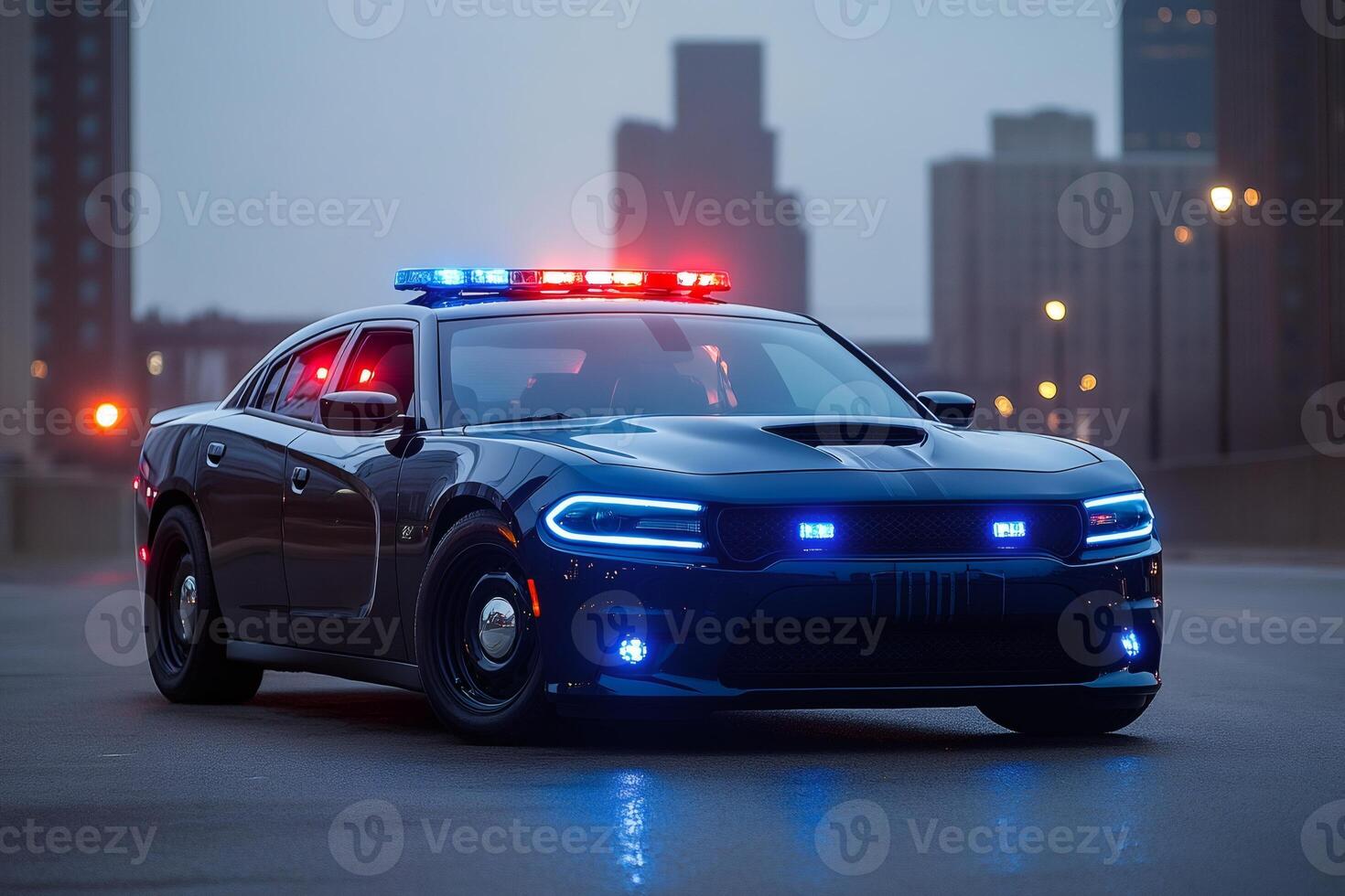 Modern police car parked on city street at dusk with flashing lights photo