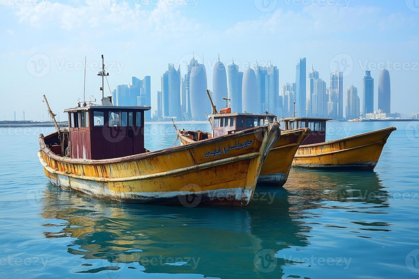 Traditional dhows floating near doha skyline in qatar photo