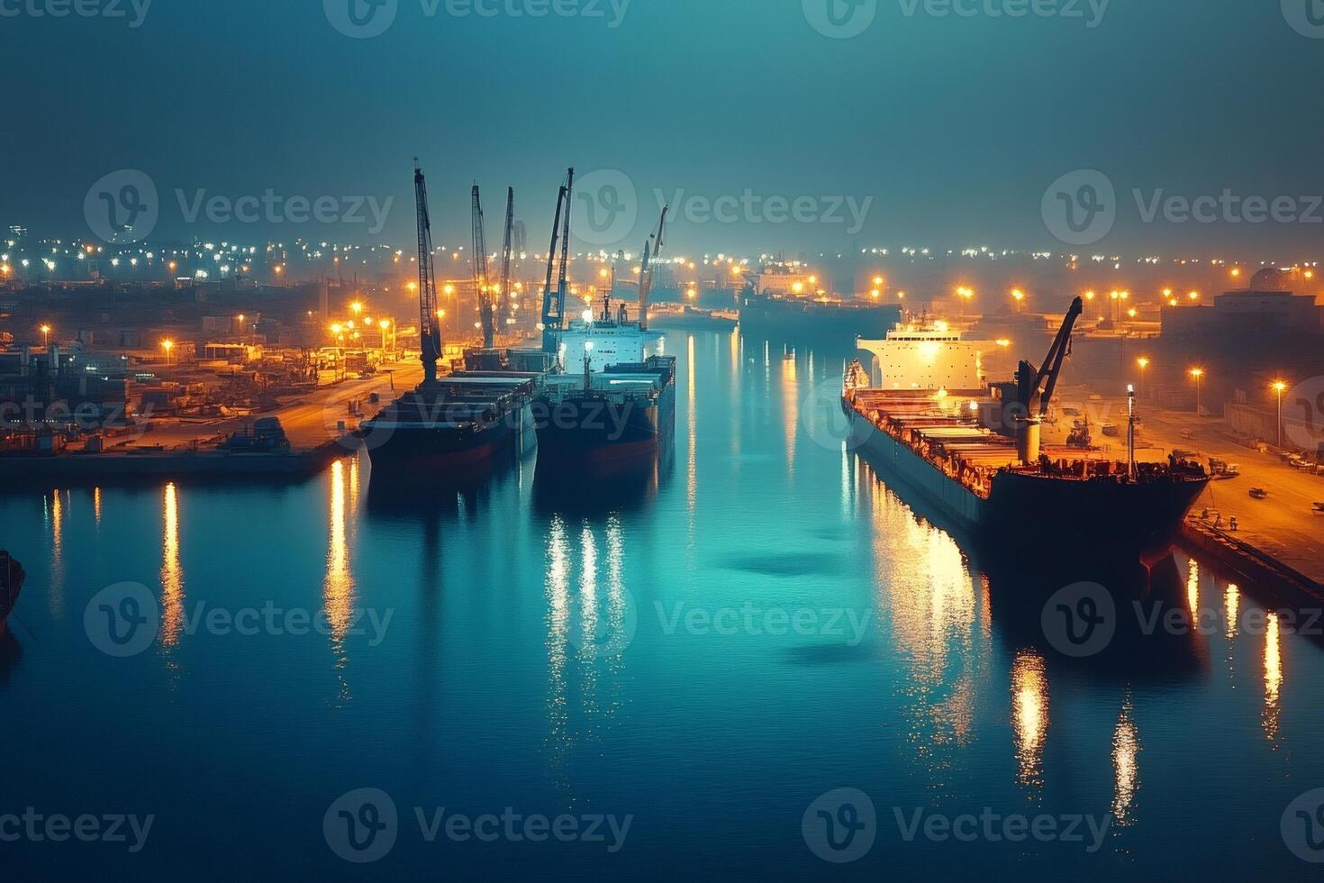 Cargo ships docking at industrial port at night photo