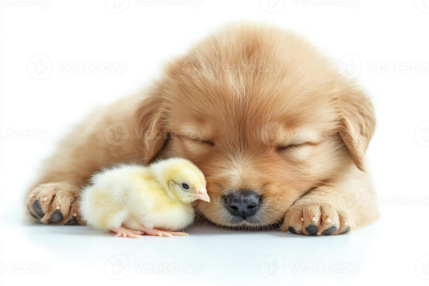 Golden retriever puppy sleeping next to baby chick on white background photo