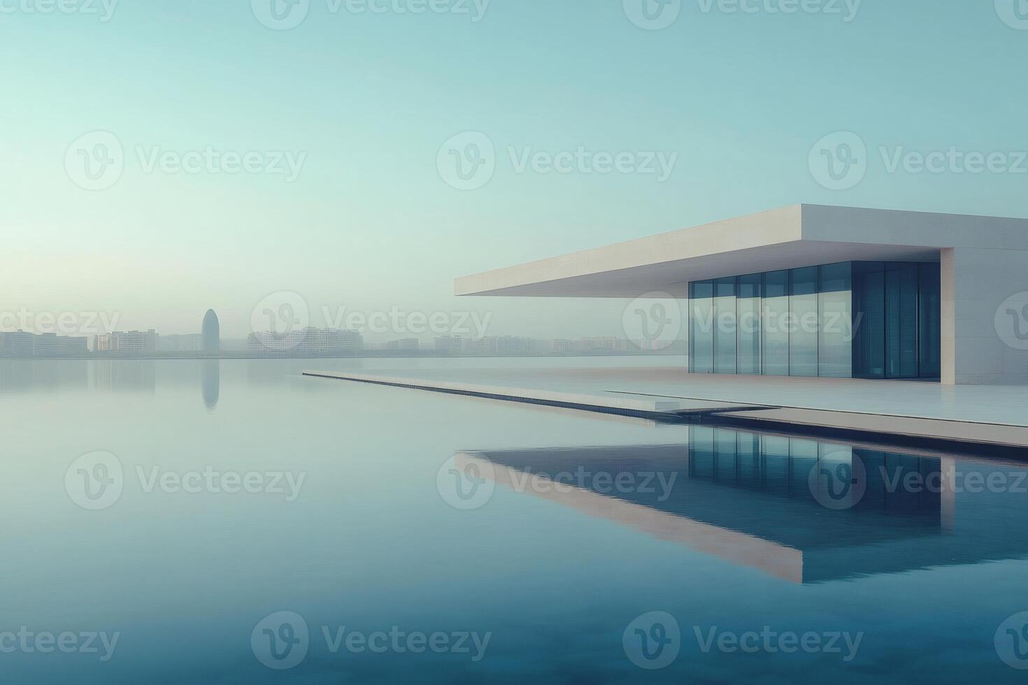 Modern architecture reflecting on calm water at sunrise photo