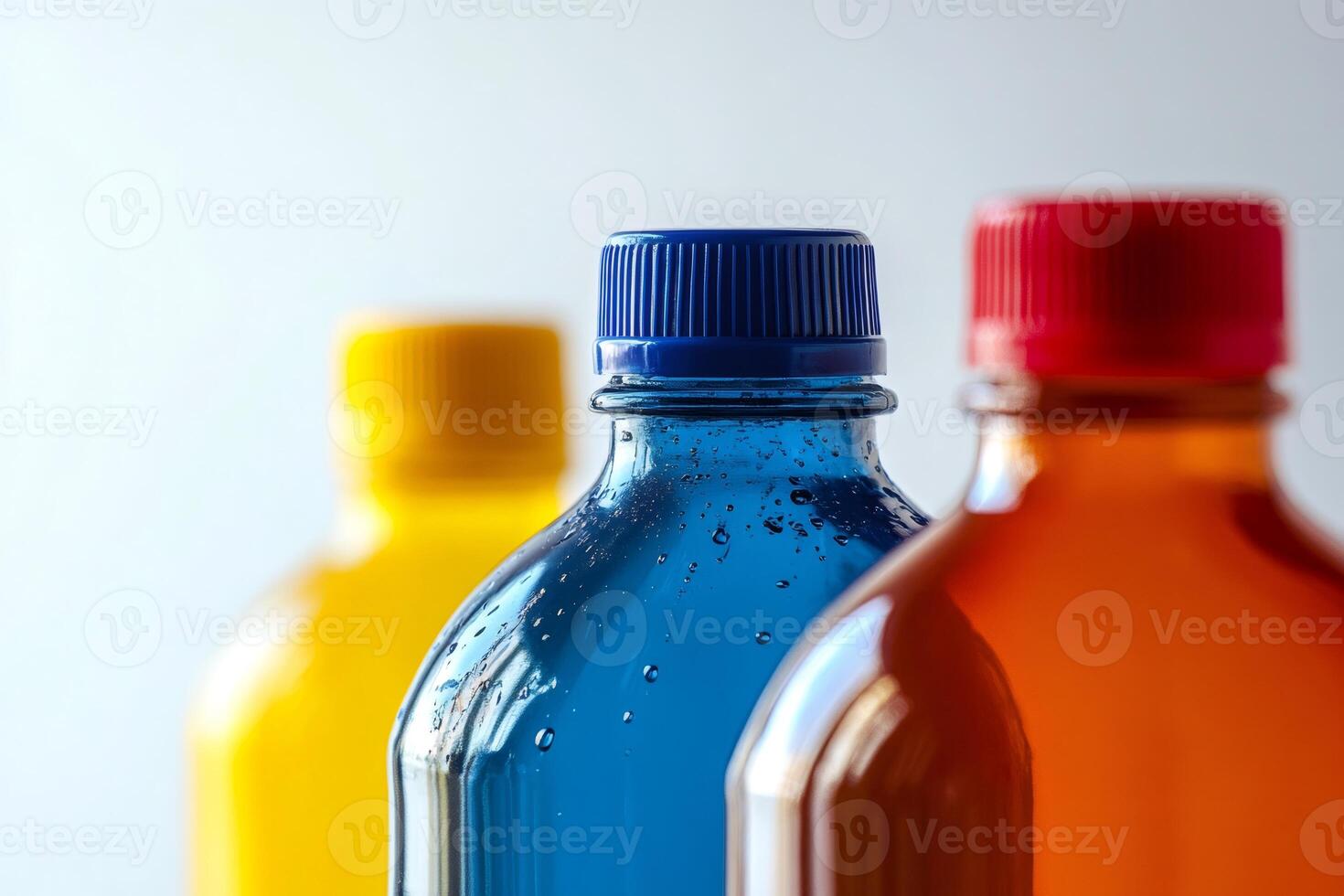 Colorful plastic bottles with screw caps creating a refreshing display photo