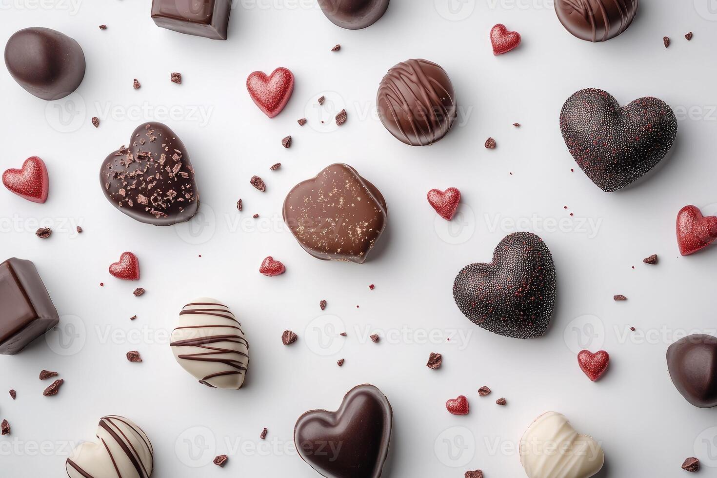 Delicious assorted chocolates and small red hearts creating romantic valentine's day pattern photo