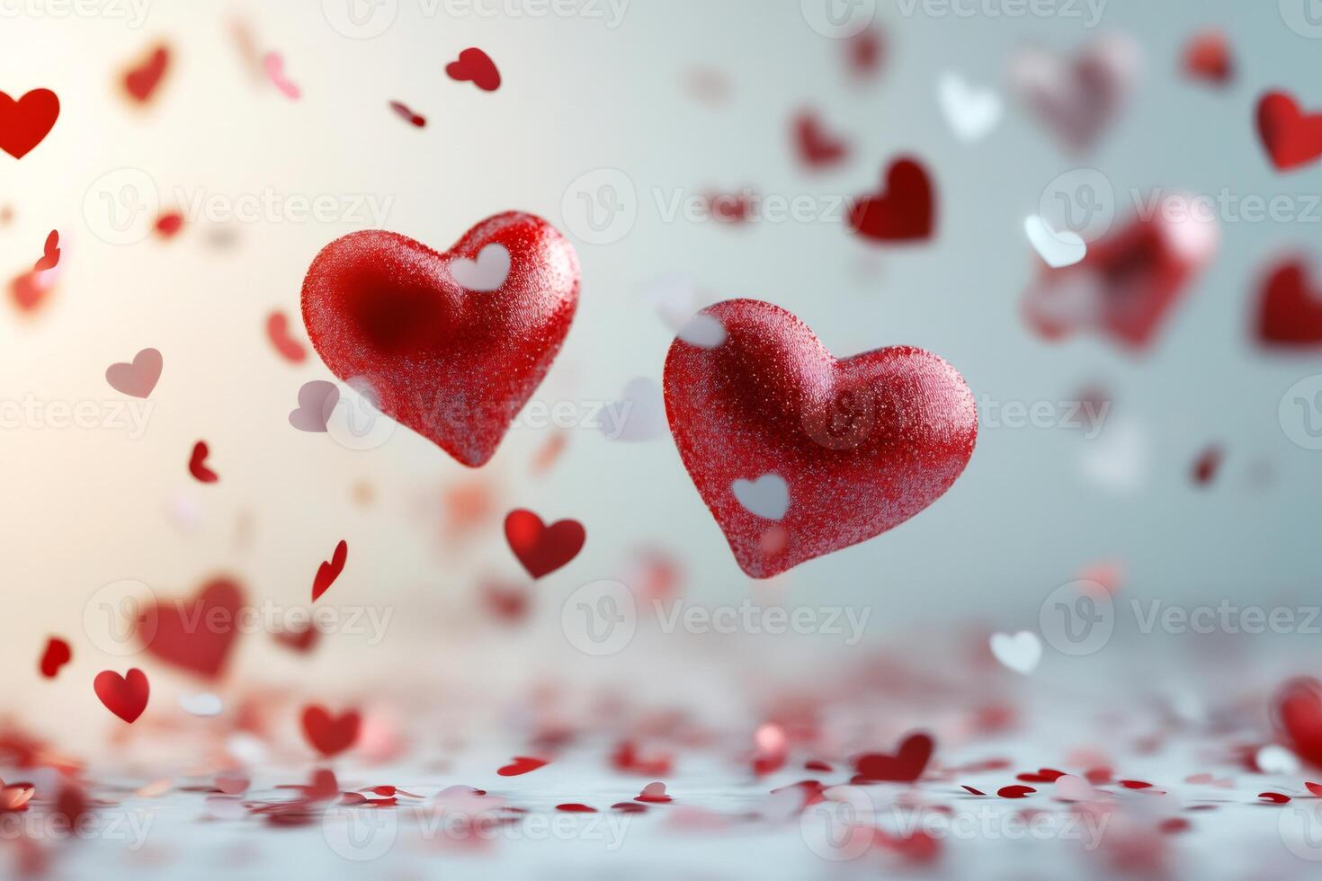 Two red hearts floating with smaller hearts in romantic atmosphere photo