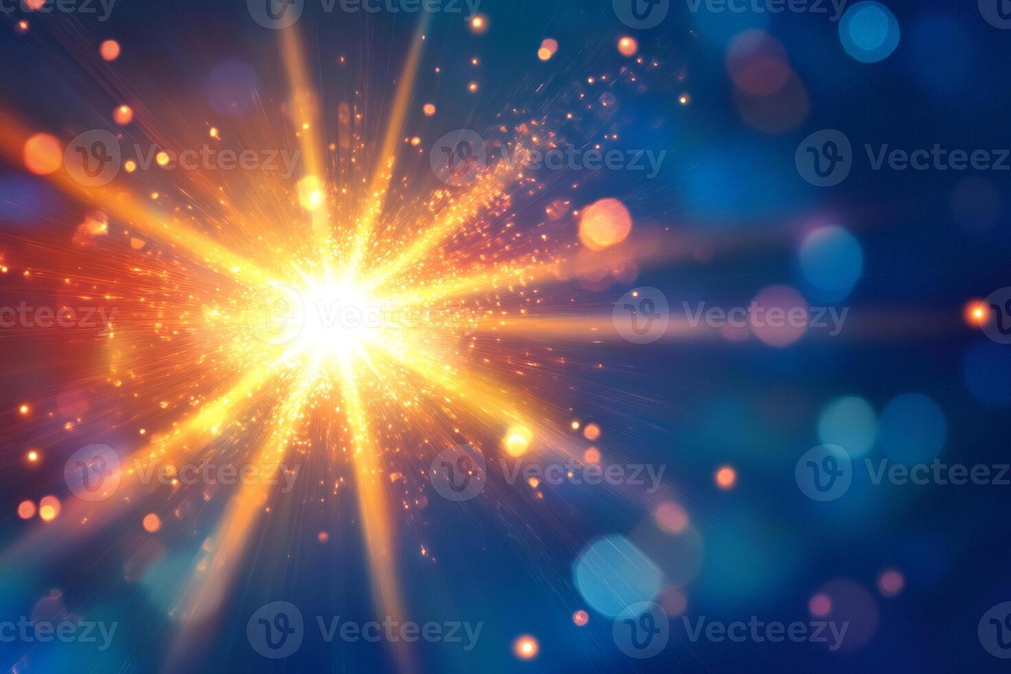 Bright star exploding with golden particles on blue background photo