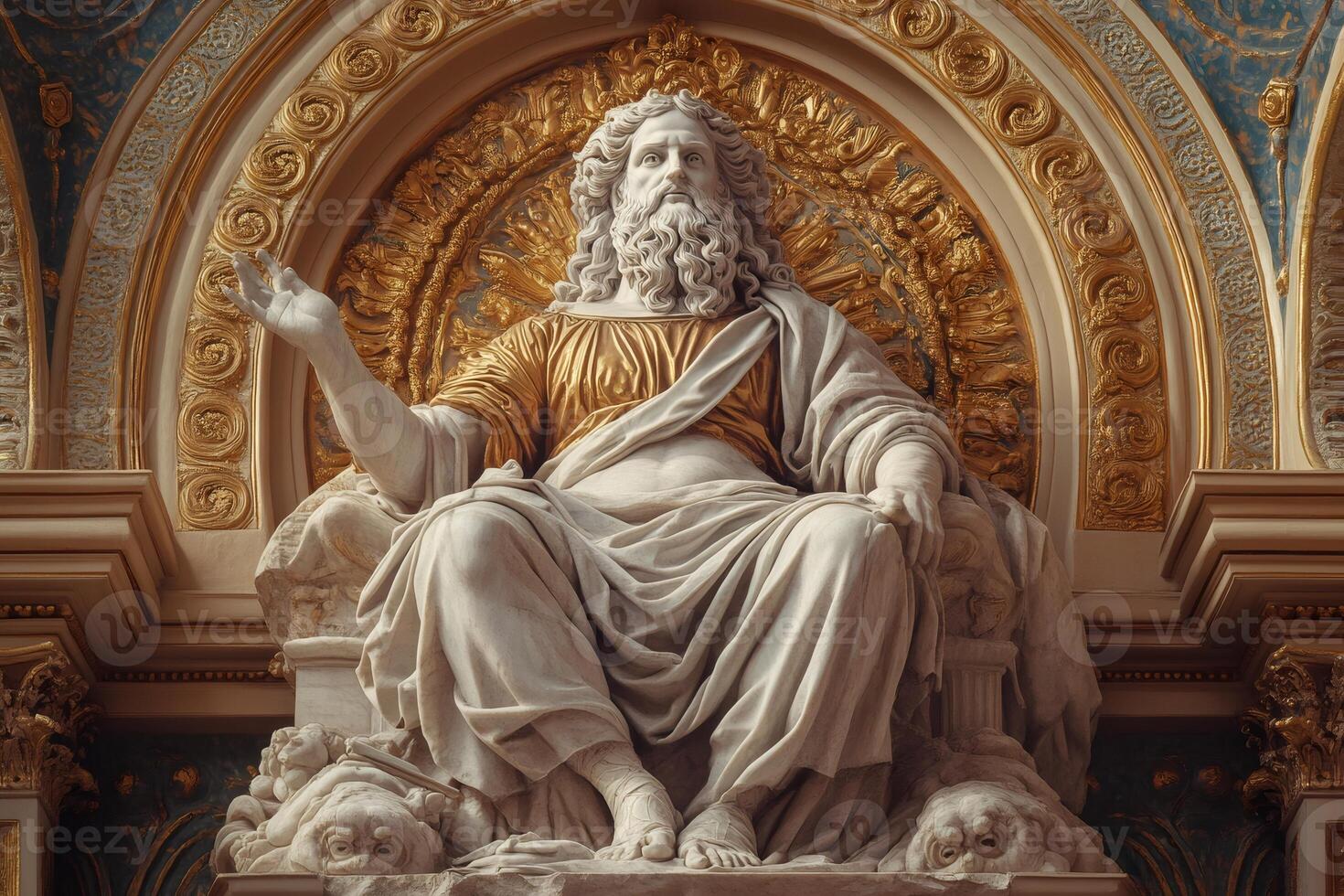 Majestic zeus statue dominating ornate golden archway in museum photo