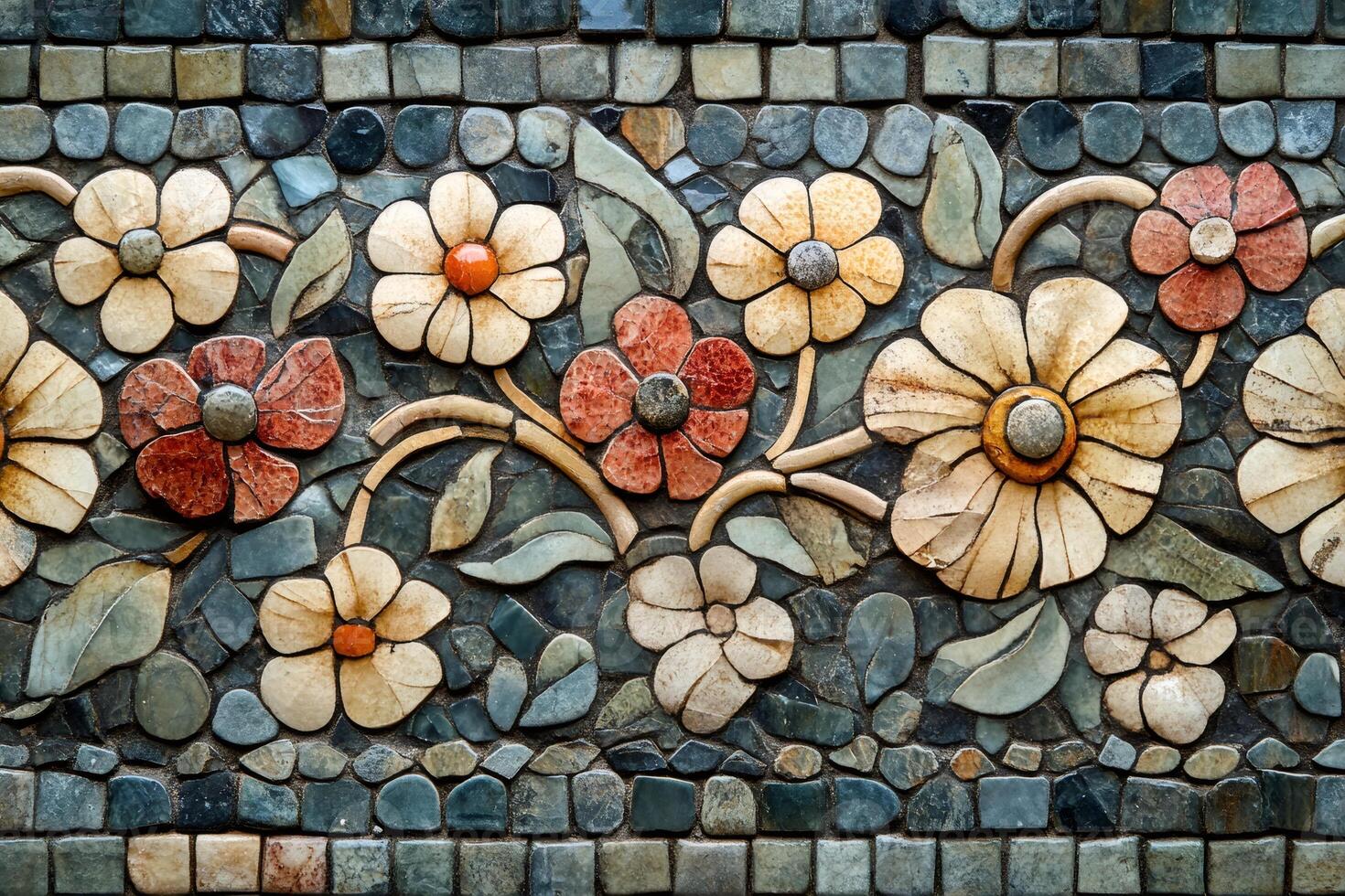 Mosaic flowers decorating a stone surface with intricate floral patterns photo