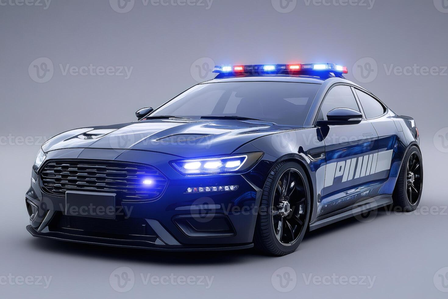 Modern police car parked with flashing lights on gray background photo