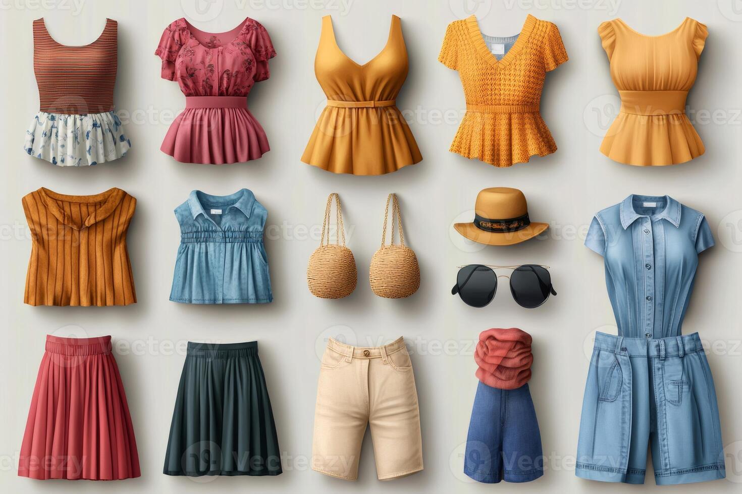 Fashion collection of women's clothing and accessories displaying summer style photo