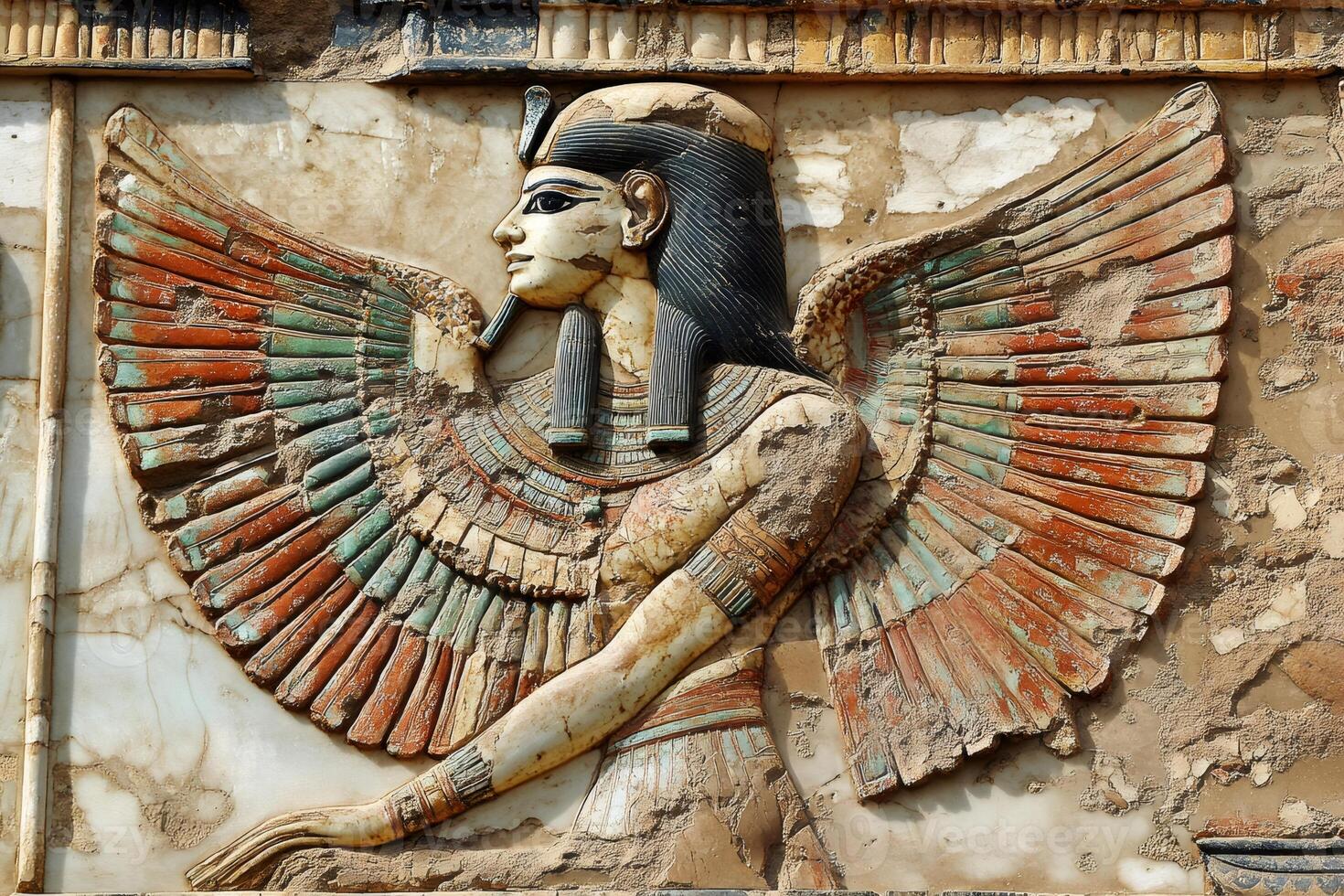 Ancient egyptian goddess ma'at wearing colorful wings and traditional headdress photo