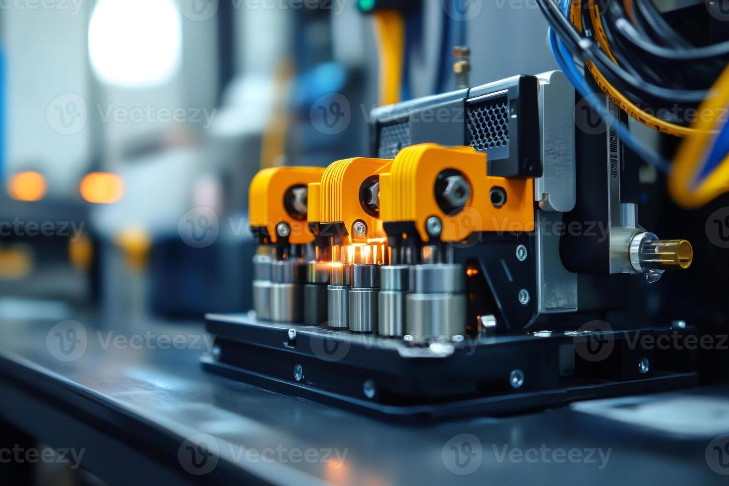 Automated industrial laser equipment processing metal components in factory photo
