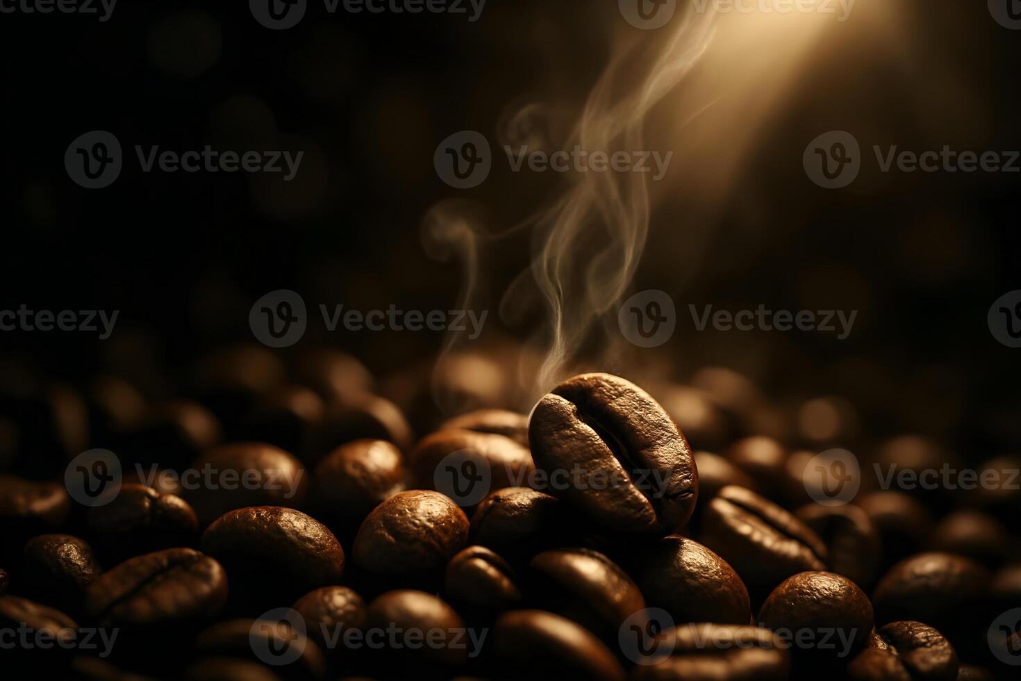Dramatic close-up shot of fresh coffee beans with visible steam rising, illuminated by a shaft of morning light. photo