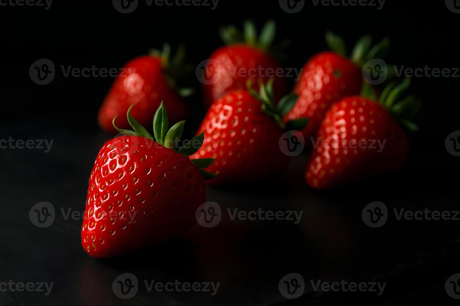 Vibrant red strawberries on a dark matte black slate surface with dramatic lighting and subtle reflections. photo