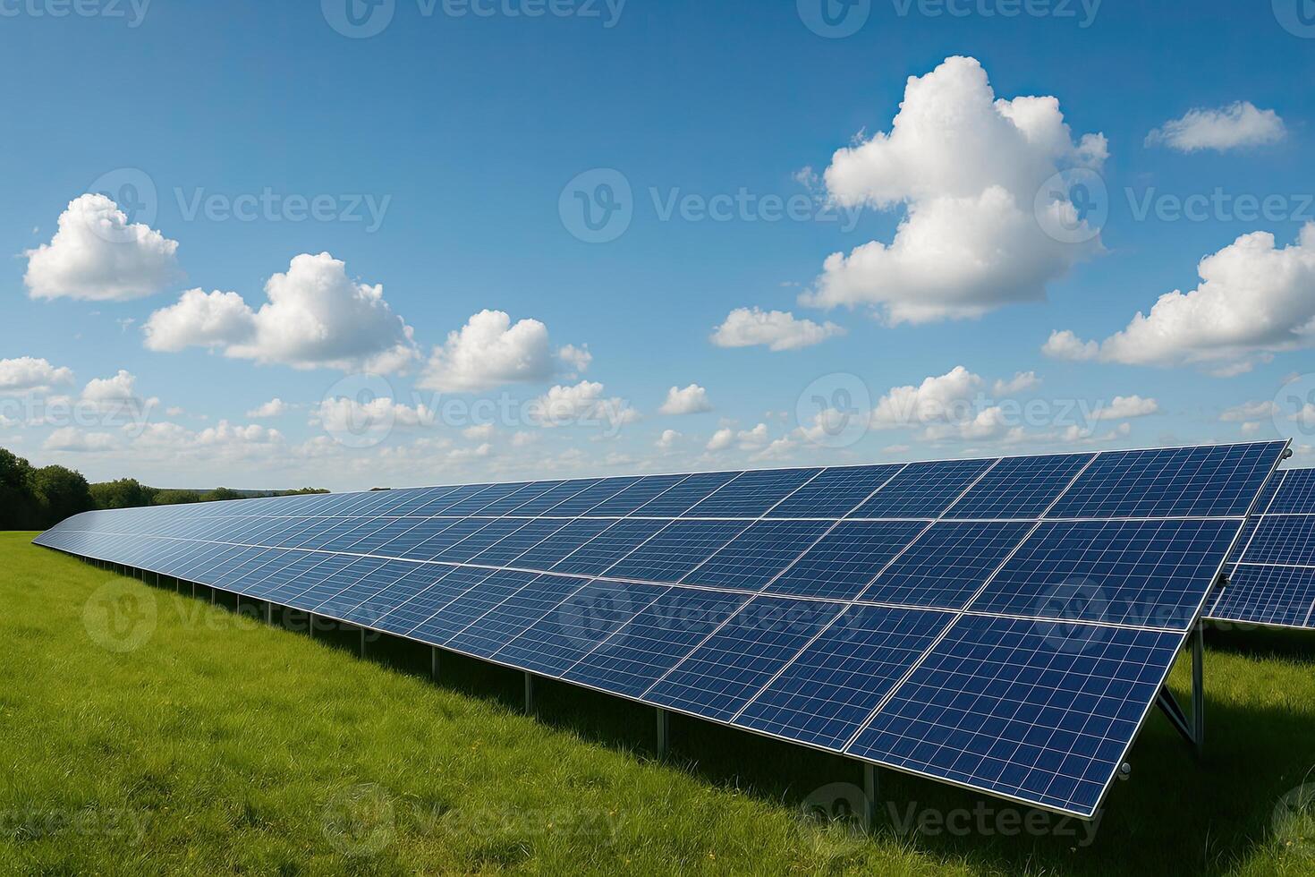 A large solar panel farm in a green meadow under a blue sky, some clouds in the background, sunlight casting natural shadows, captured with a high-resolution DSLR camera, detailed photo