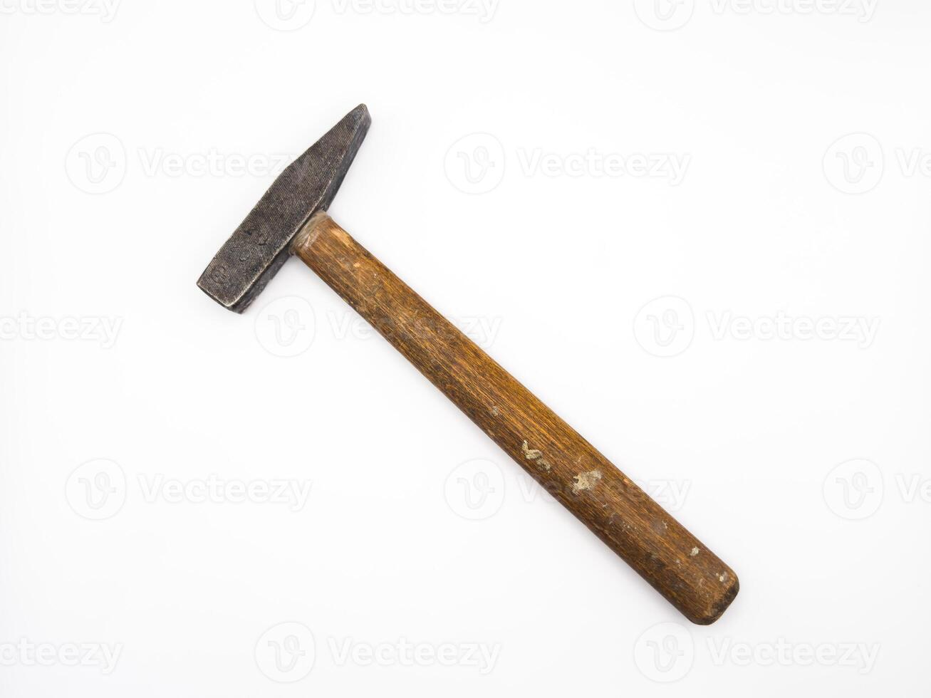 Old hammer with wooden handle isolated on white background. Flat lay. Top view, copy space. photo