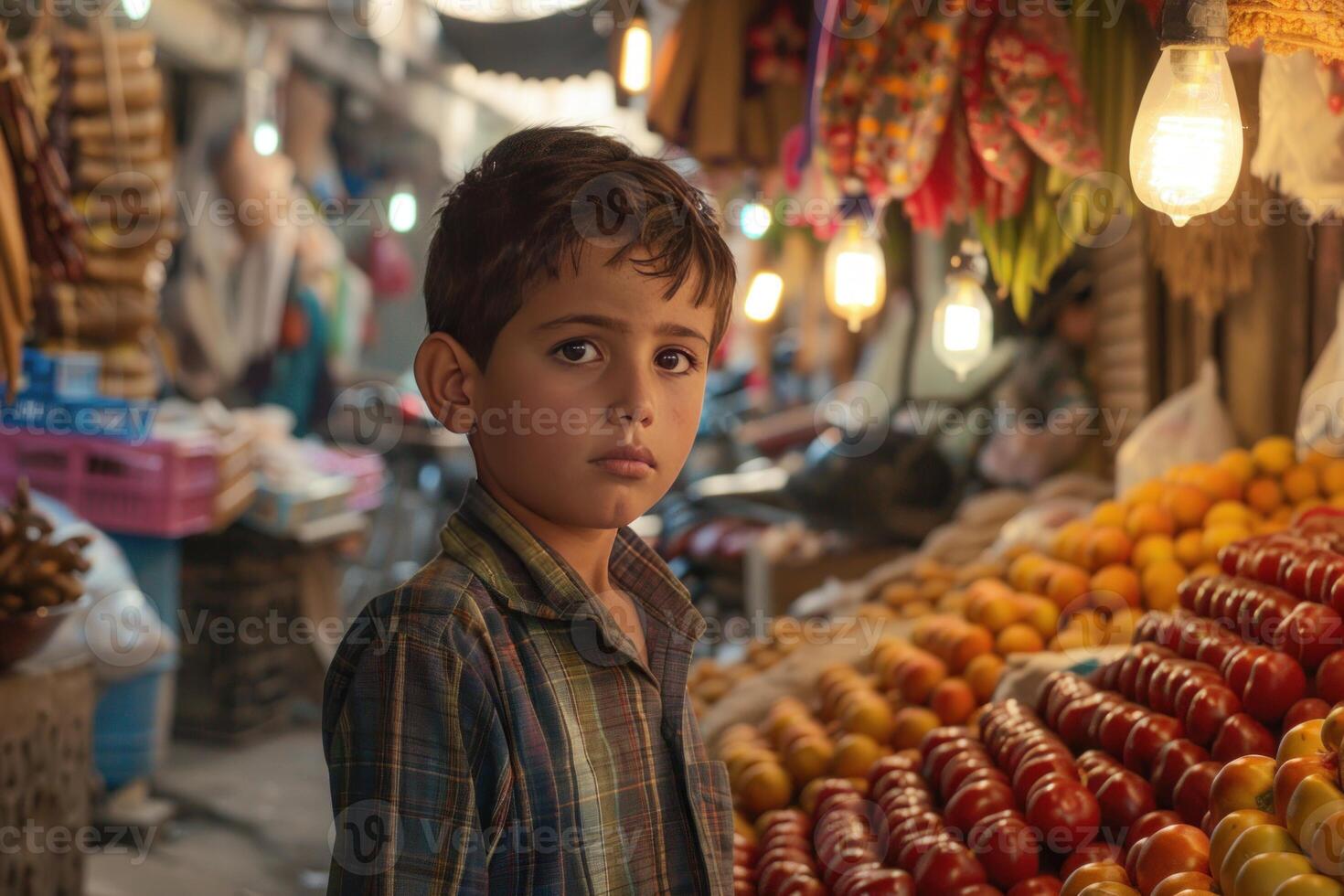 Young boy standing in a busy marketplace with fresh produce photo