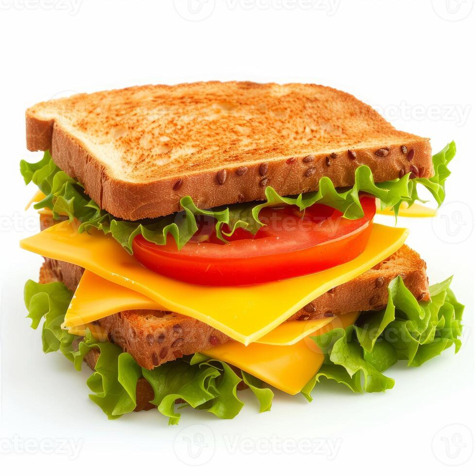 Toasted sandwich with lettuce, tomato and cheese showing delicious layers photo