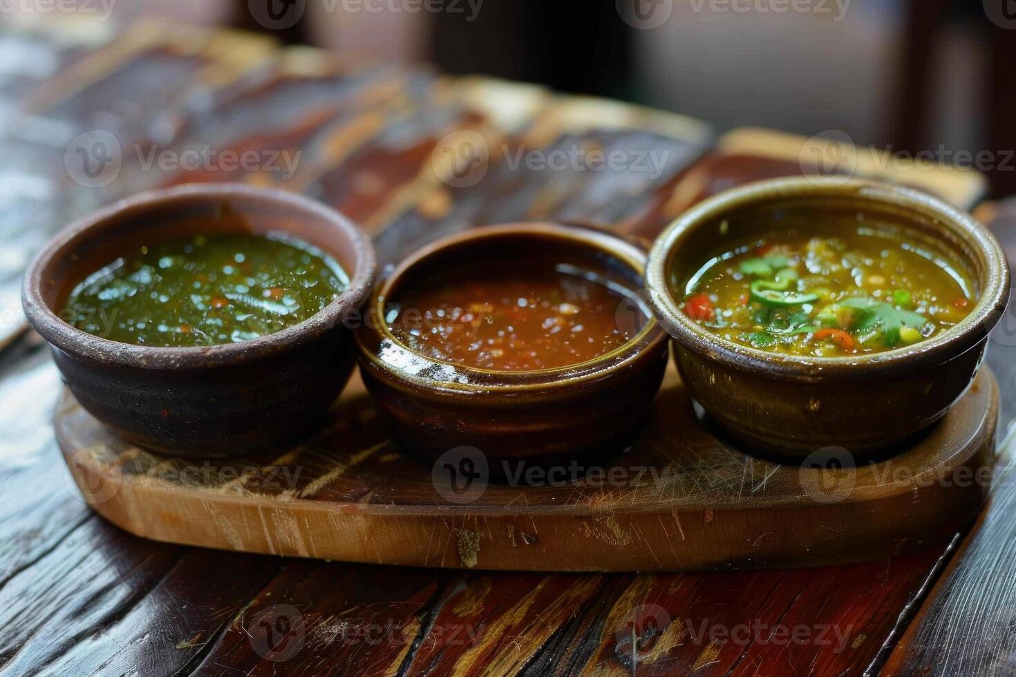 Three small bowls containing different sauces resting on wooden tray photo