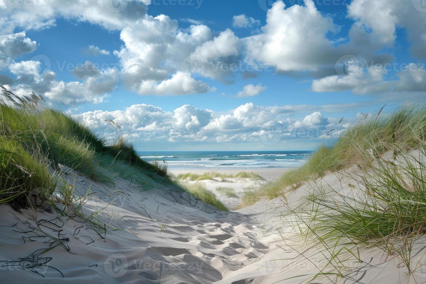 Path through sand dunes leading to ocean beach on sunny day photo
