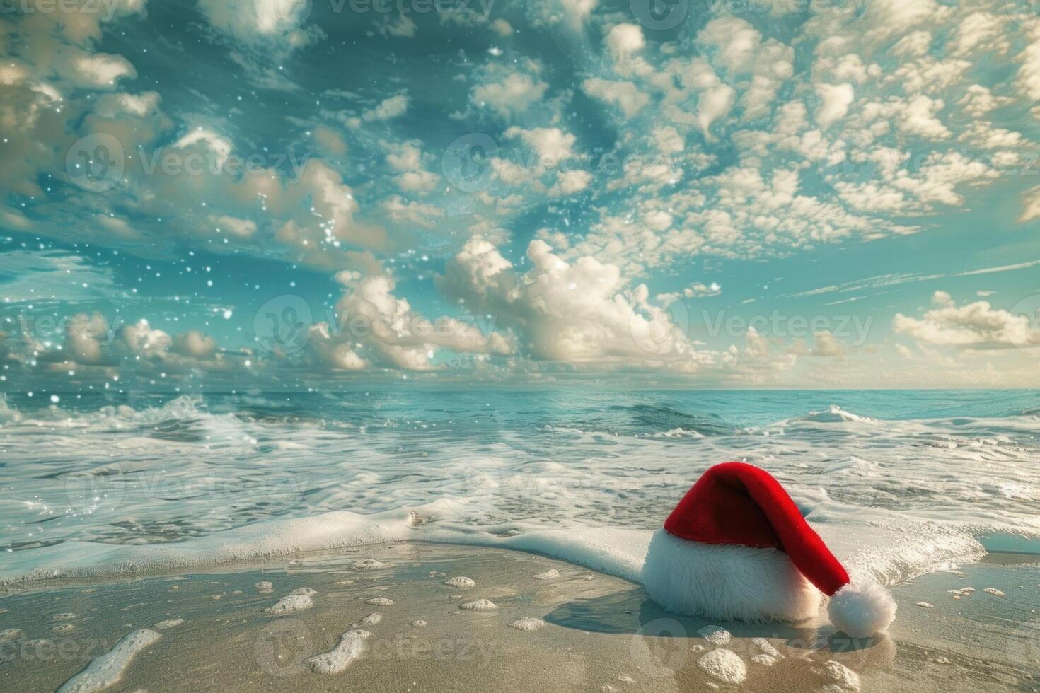 Christmas hat lying on tropical beach during beautiful sunrise photo