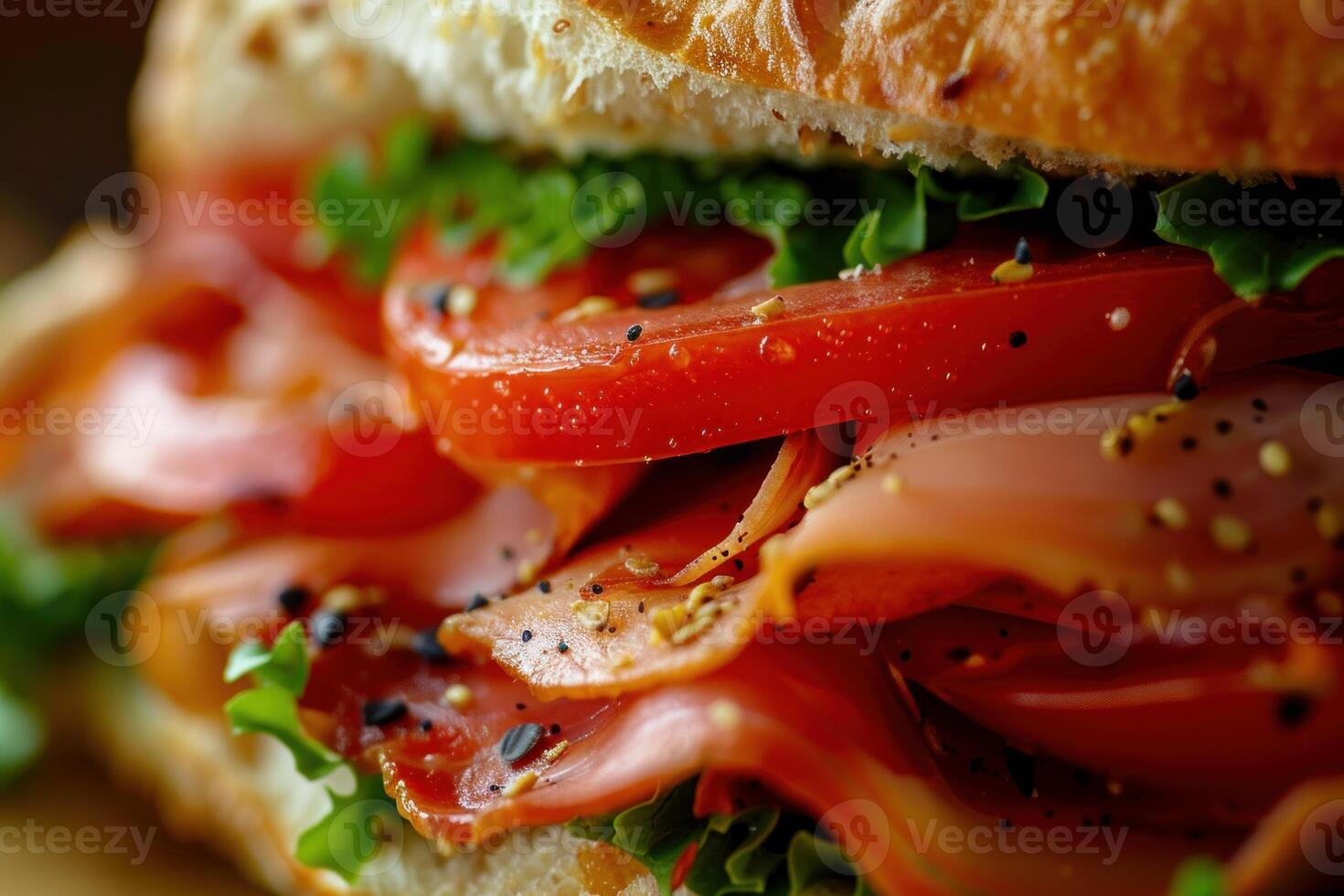 Delicious sandwich with ham, tomato, lettuce and spices on a wooden table photo