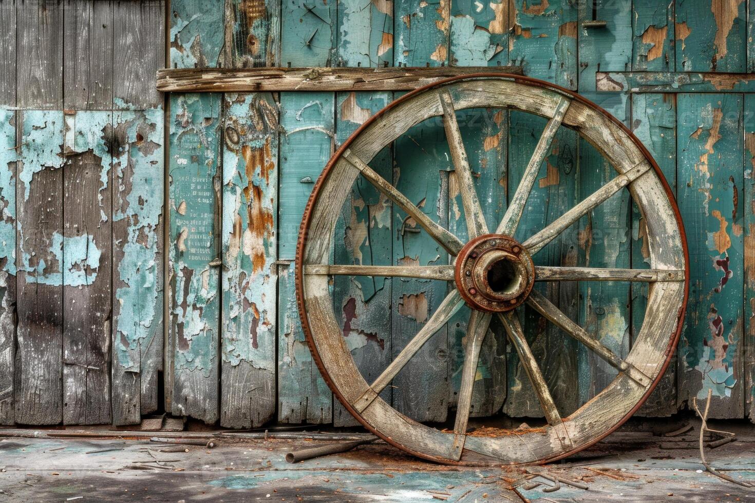 Old wooden wheel leaning against weathered wooden wall photo