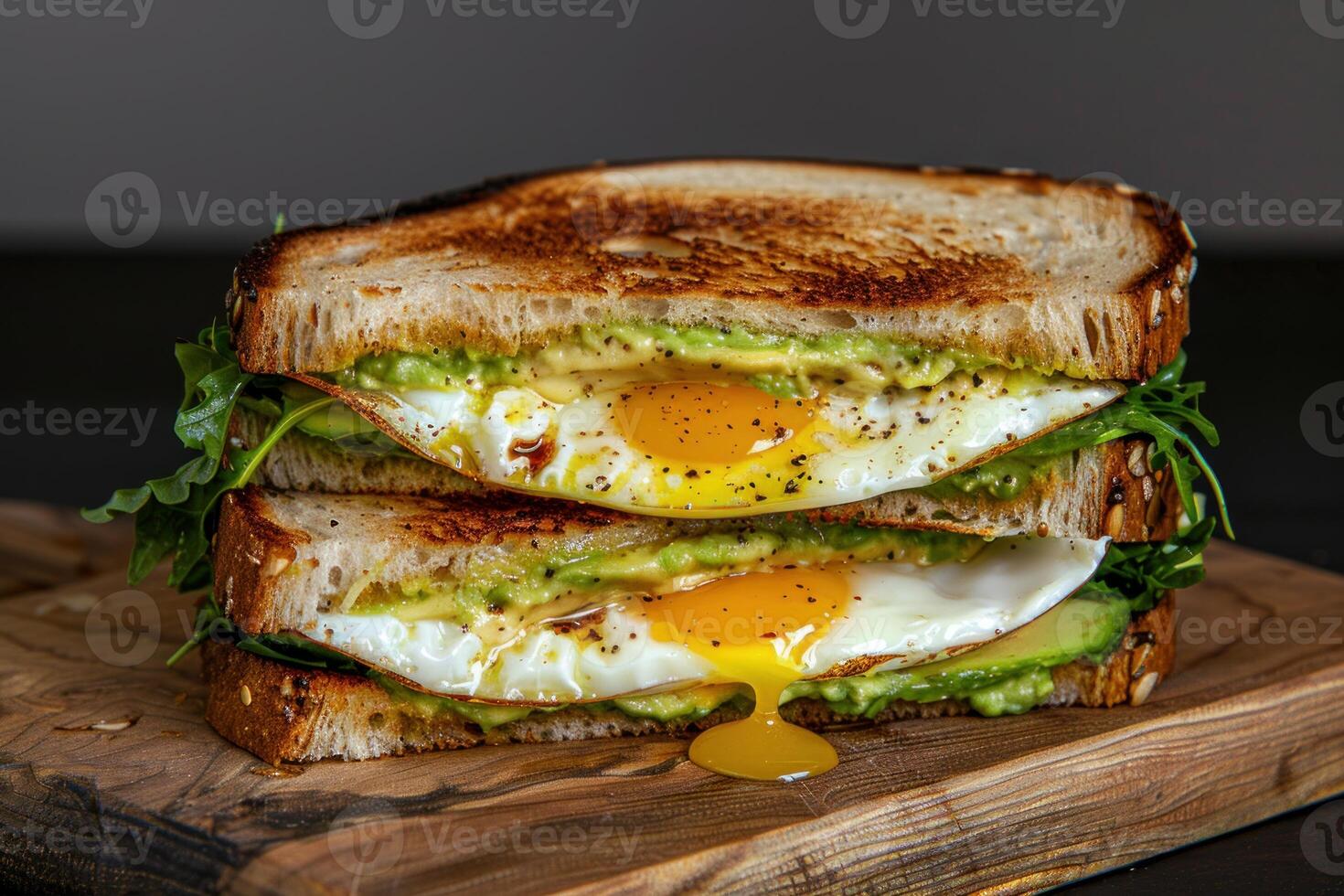 Toasted sandwich with fried egg, fresh avocado and arugula on wooden cutting board photo