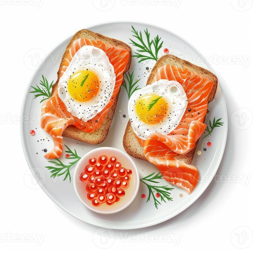 Delicious breakfast with salmon, caviar and fried eggs on toasted bread photo
