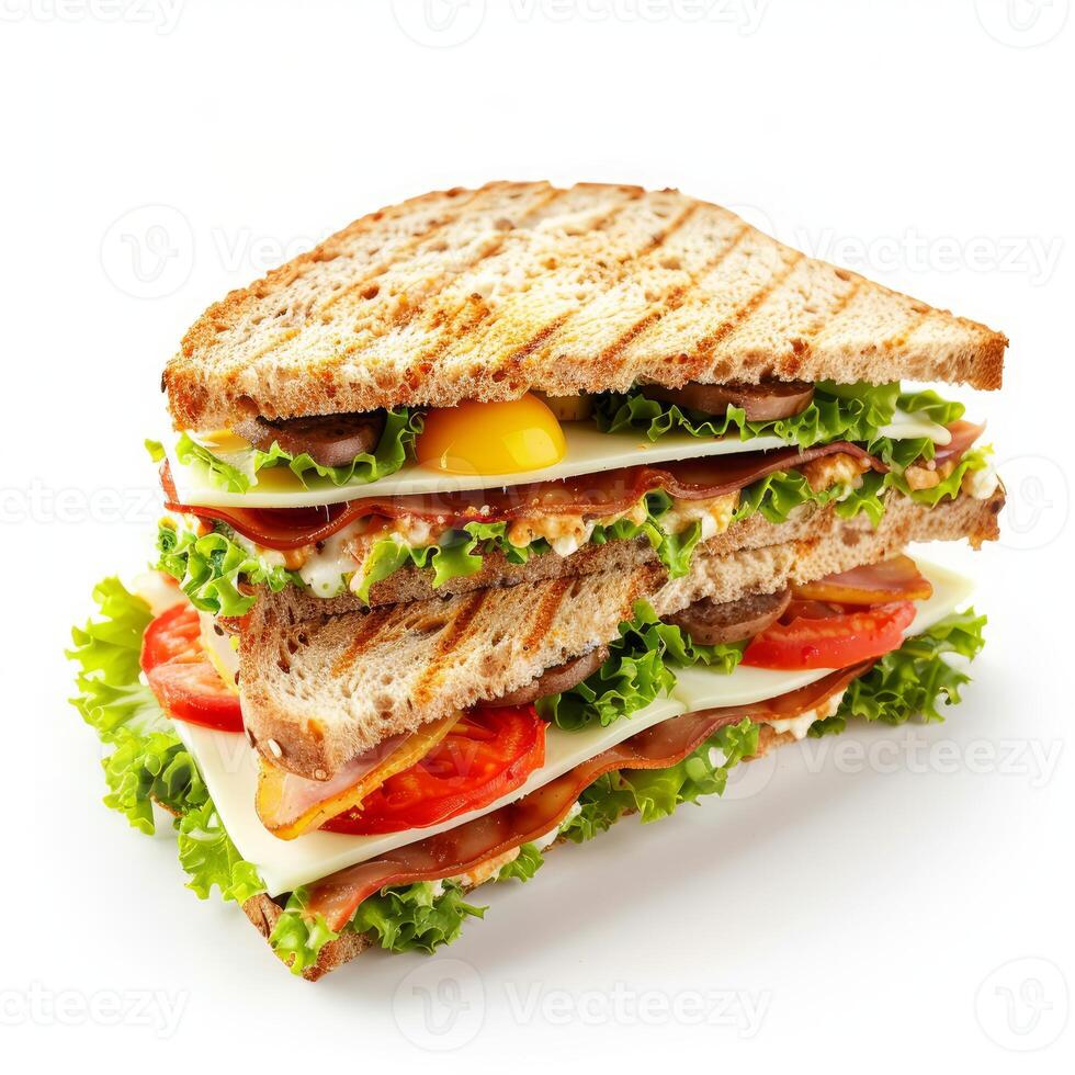 Toasted club sandwich overflowing with tasty ingredients on white background photo