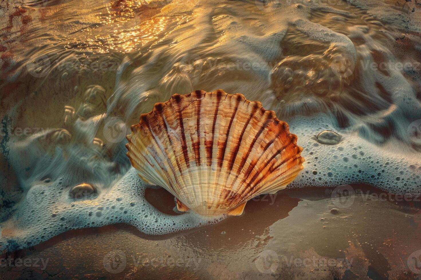 Seashell resting on the shore as gentle waves recede at sunset photo