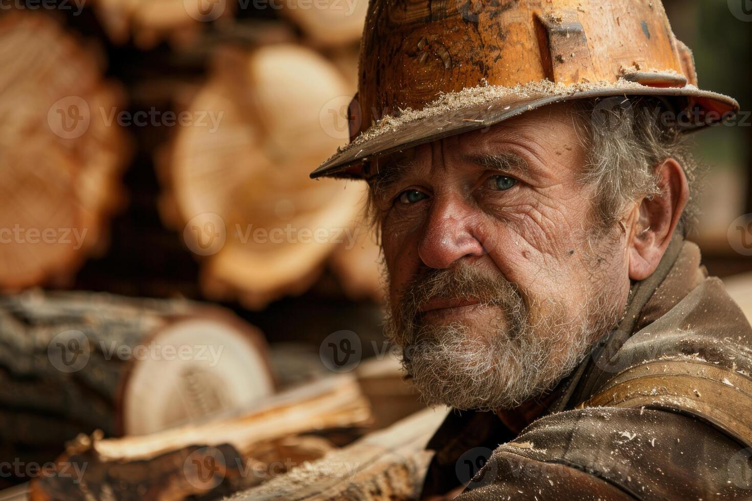 Logger wearing hard hat and covered in sawdust posing in front of logs photo