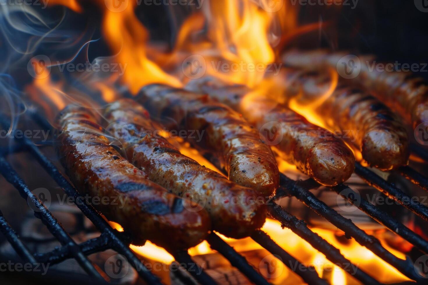 Sausages on a grill with flames photo