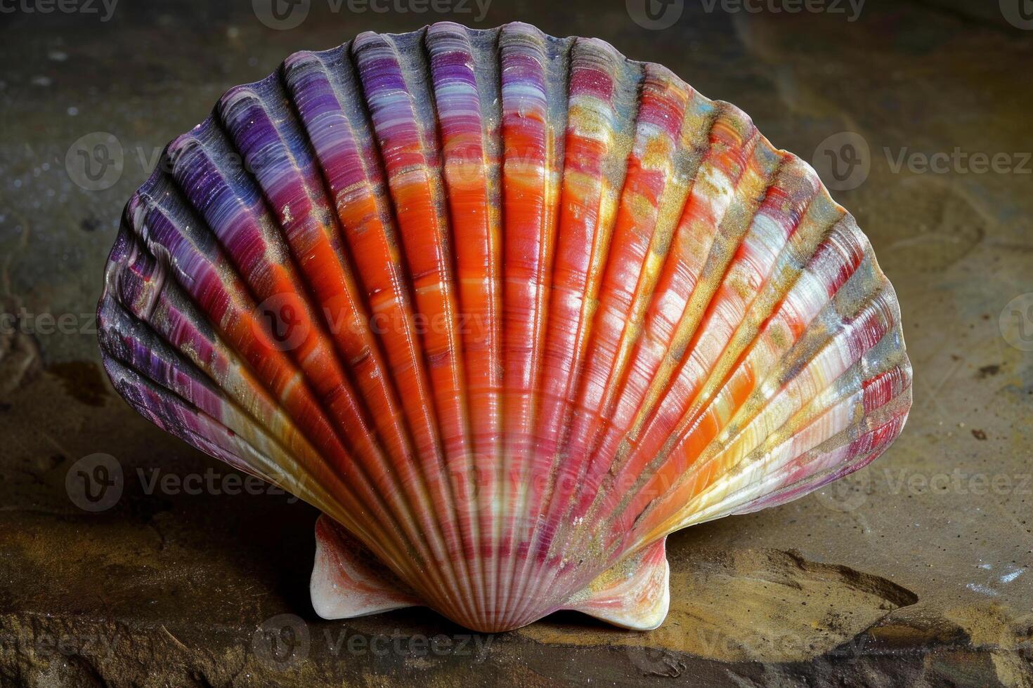 Colorful scallop shell resting on dark stone surface photo