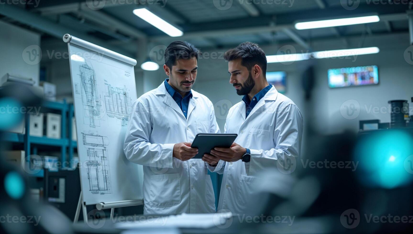 Indian engineers collaborating on manufacturing strategy using tablet and whiteboard in modern research facility with advanced engineering environment photo