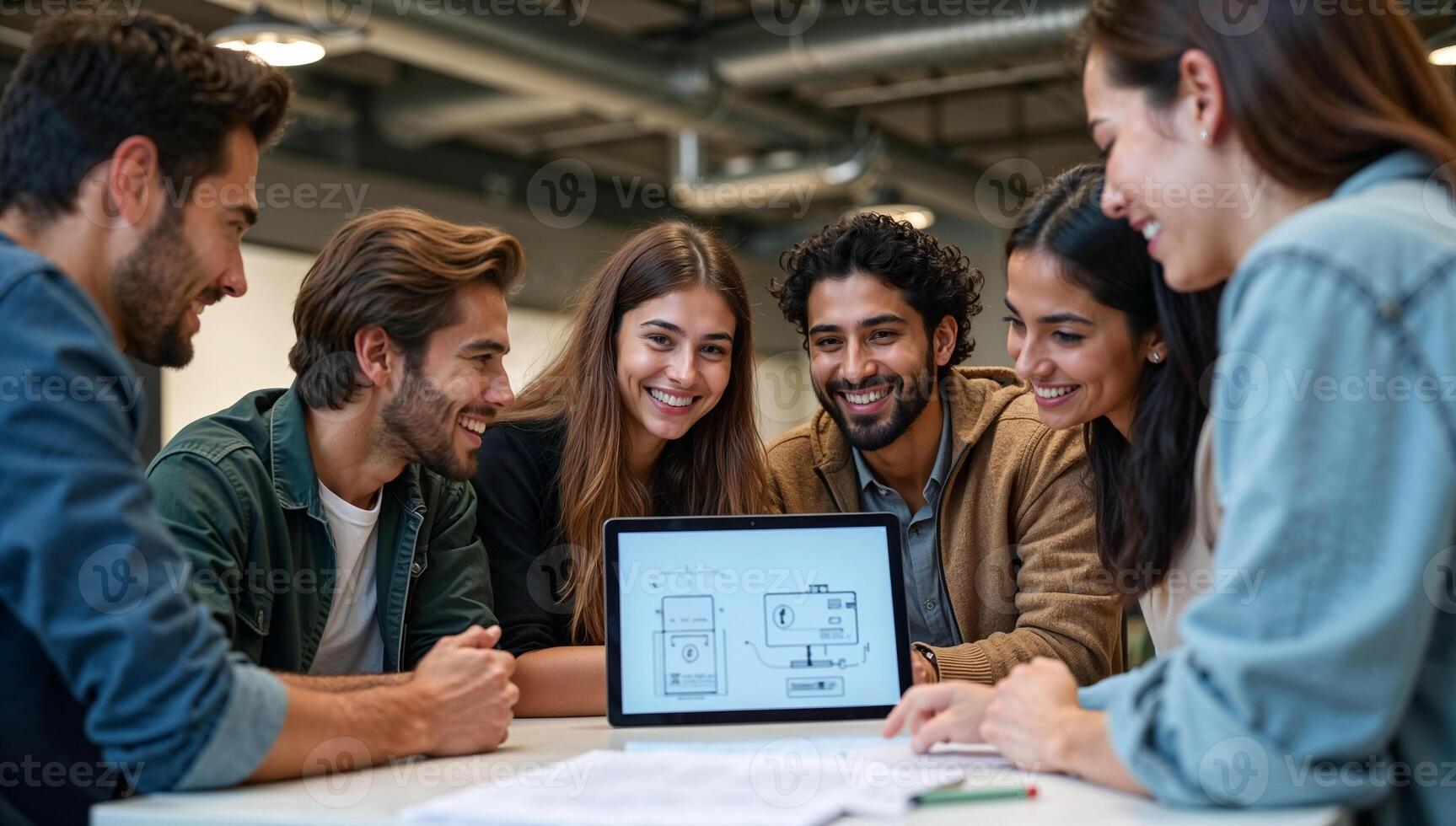Diverse Indian industrial designers brainstorming with wireframe tablet in creative agency office showing teamwork innovation and modern design culture photo