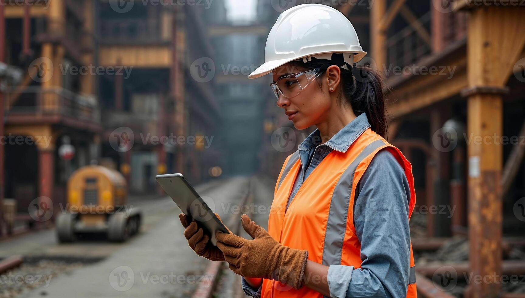 Indian female mining engineer confidently using a digital tablet while standing at an active industrial site with heavy machinery pipes and a rust-colored backdrop photo