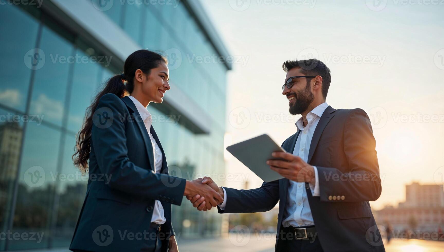 Indian Business People Shaking Hands in Front of a Modern Office Building Showing Partnership and Professional Agreement photo