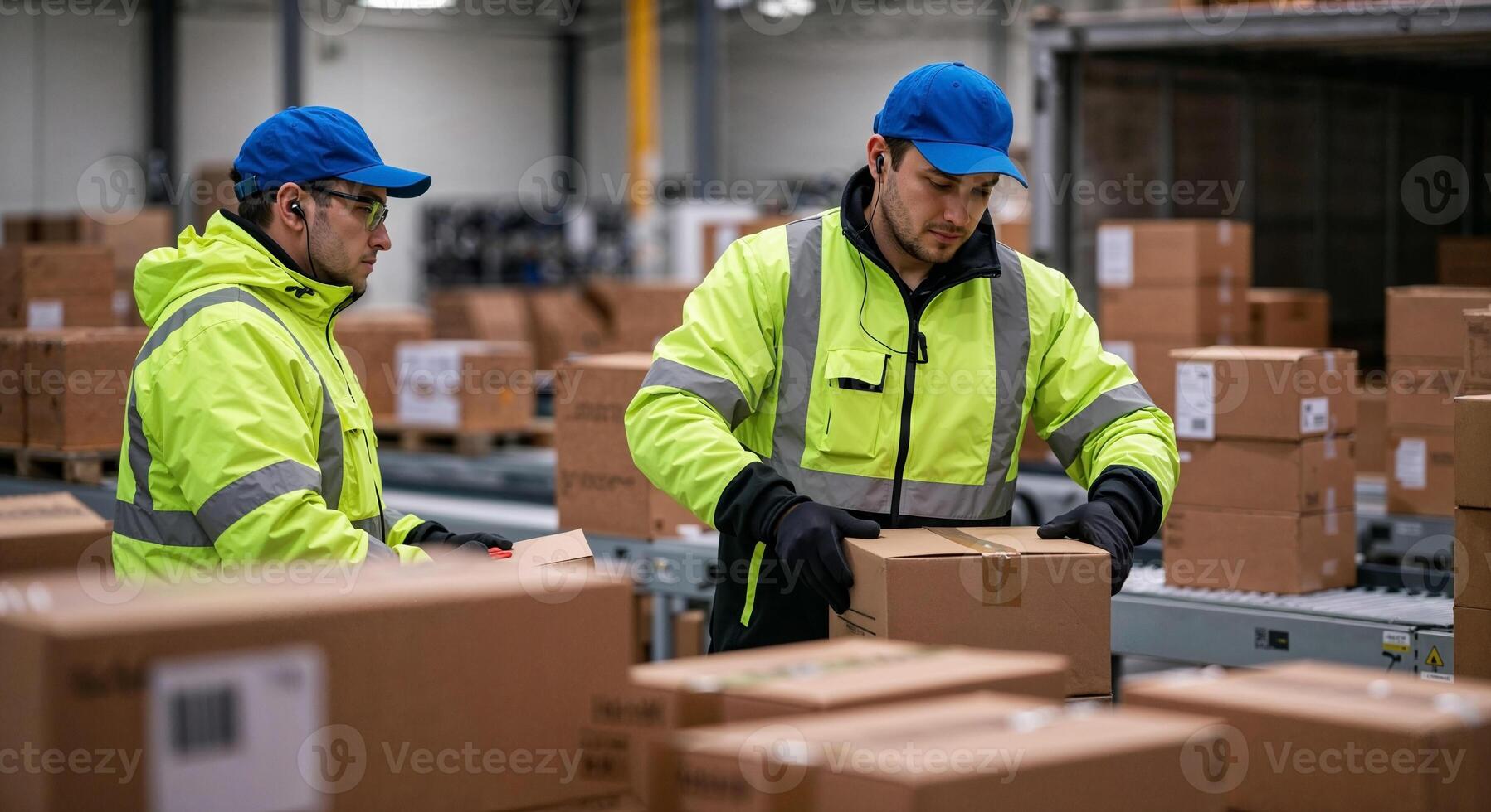 Diverse logistics workers in safety vests loading parcels onto a conveyor belt with a delivery lorry in the background at a modern distribution facility photo
