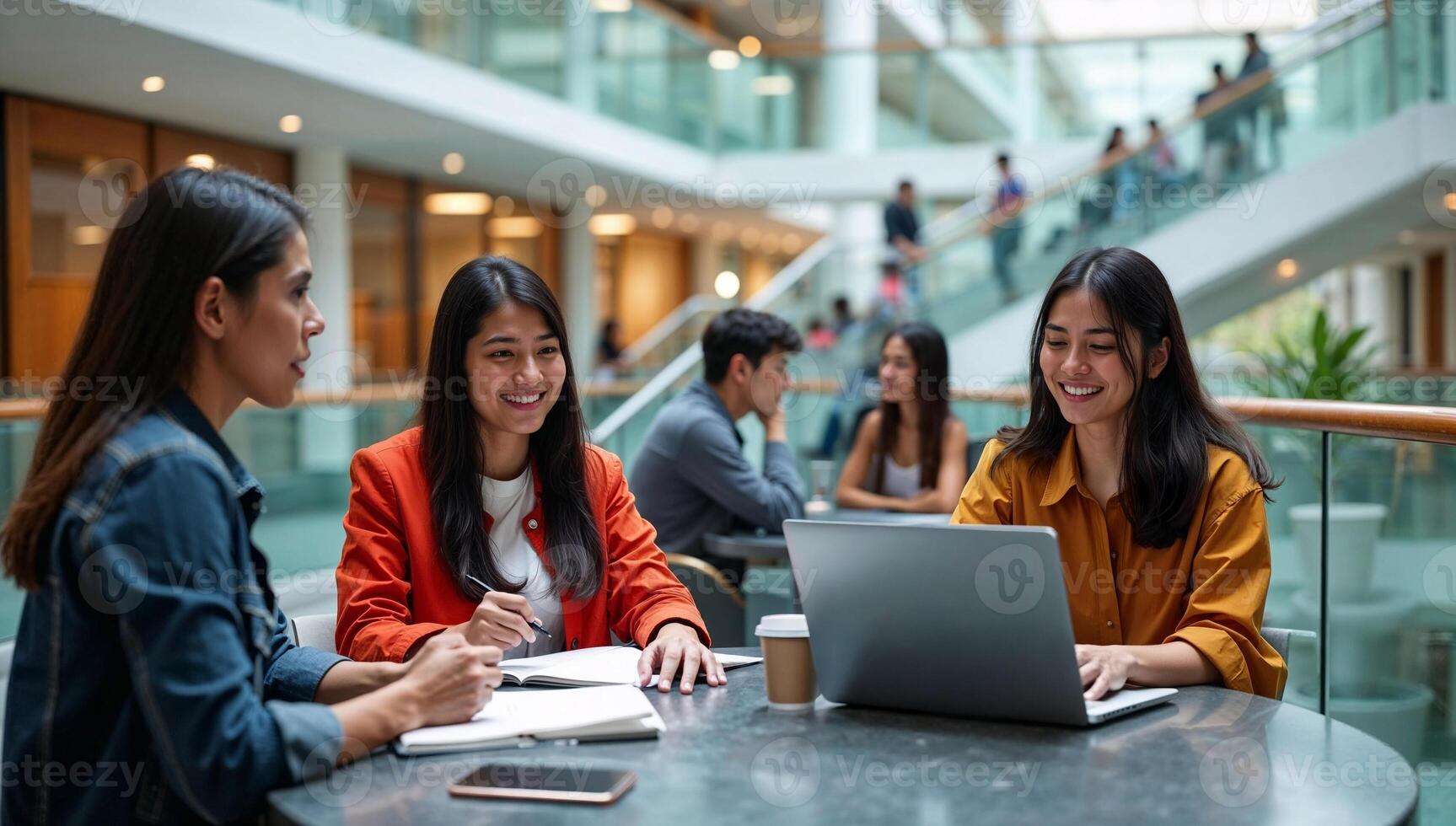 Indian university students collaborating on assignments inside modern campus atrium showcasing academic teamwork shared learning and youthful energy photo
