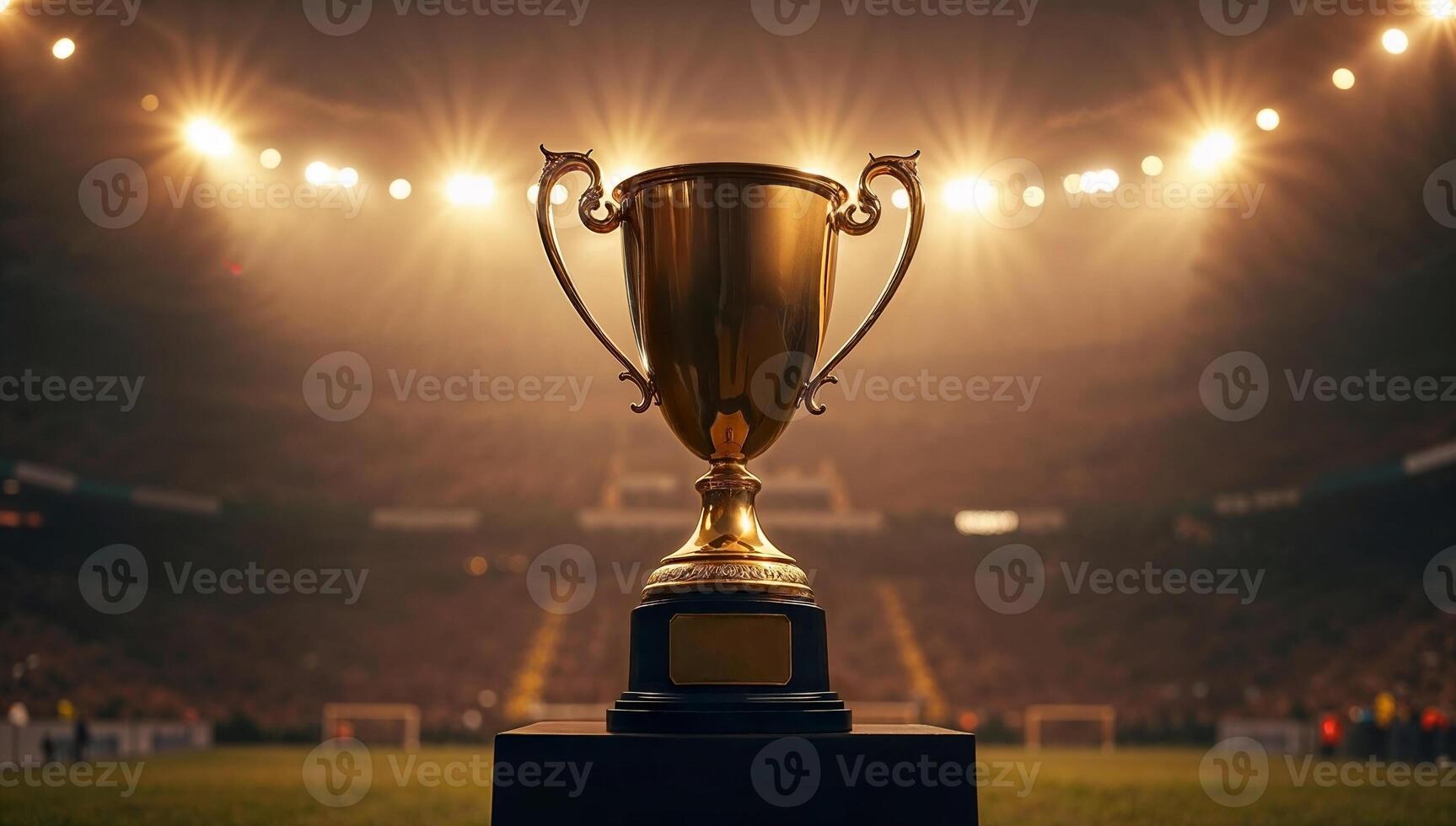 Shiny Victory Cup Glowing Under Arena Lights with Dark Background Celebrating Championship Success and Triumph photo