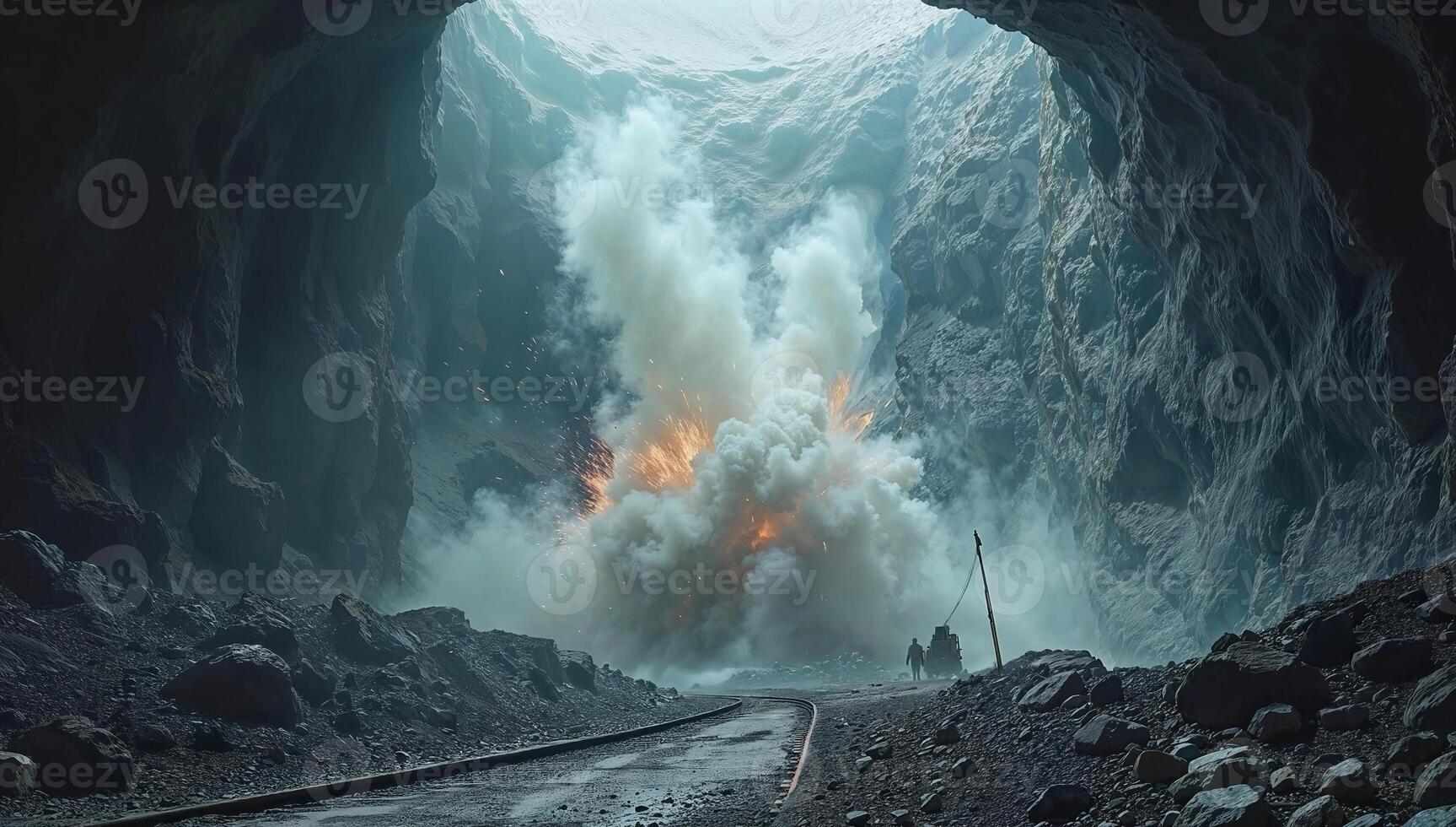 Controlled underground mining explosion sending dust and debris through the confined tunnel capturing the raw impact and routine power of daily excavation work photo