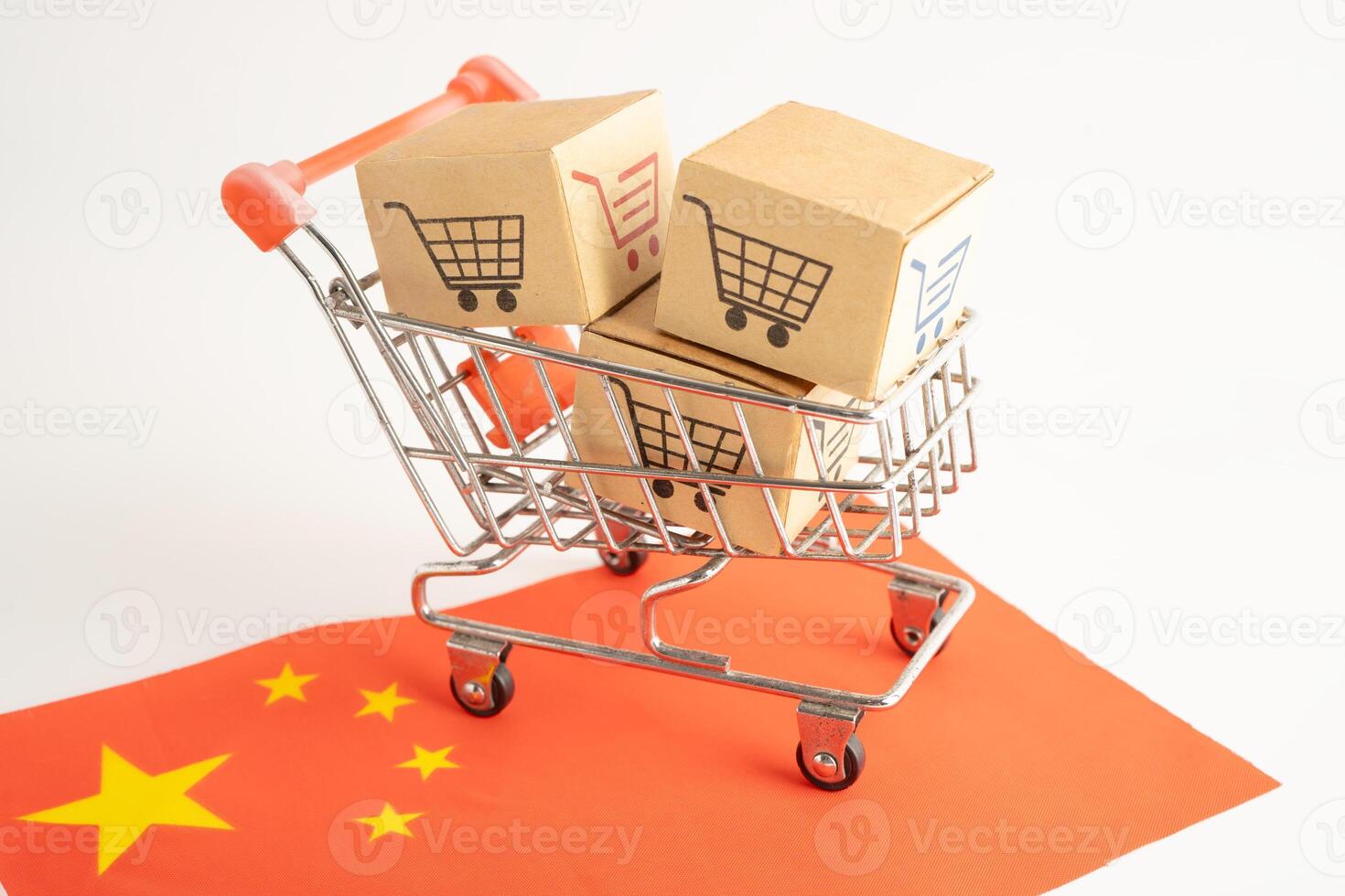 Online shopping, Shopping cart box on China flag, import export, finance commerce. photo