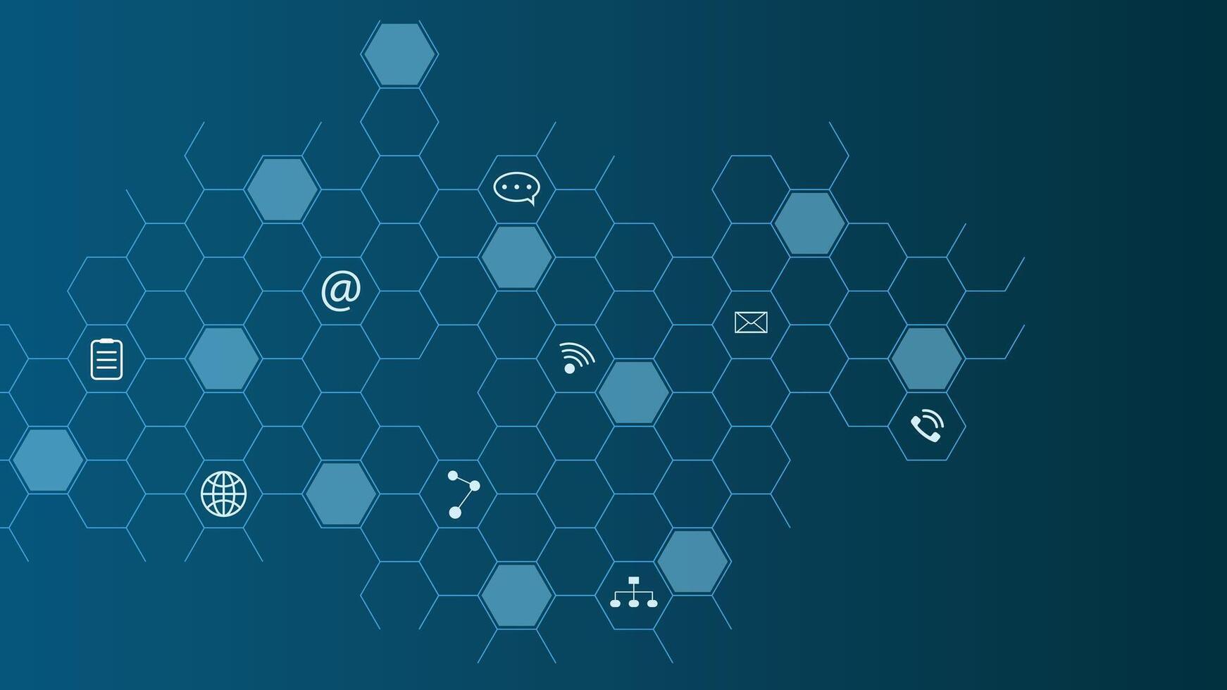 Blue gradient tech background with outlined hexagons and communication icons including mail and wifi symbols vector