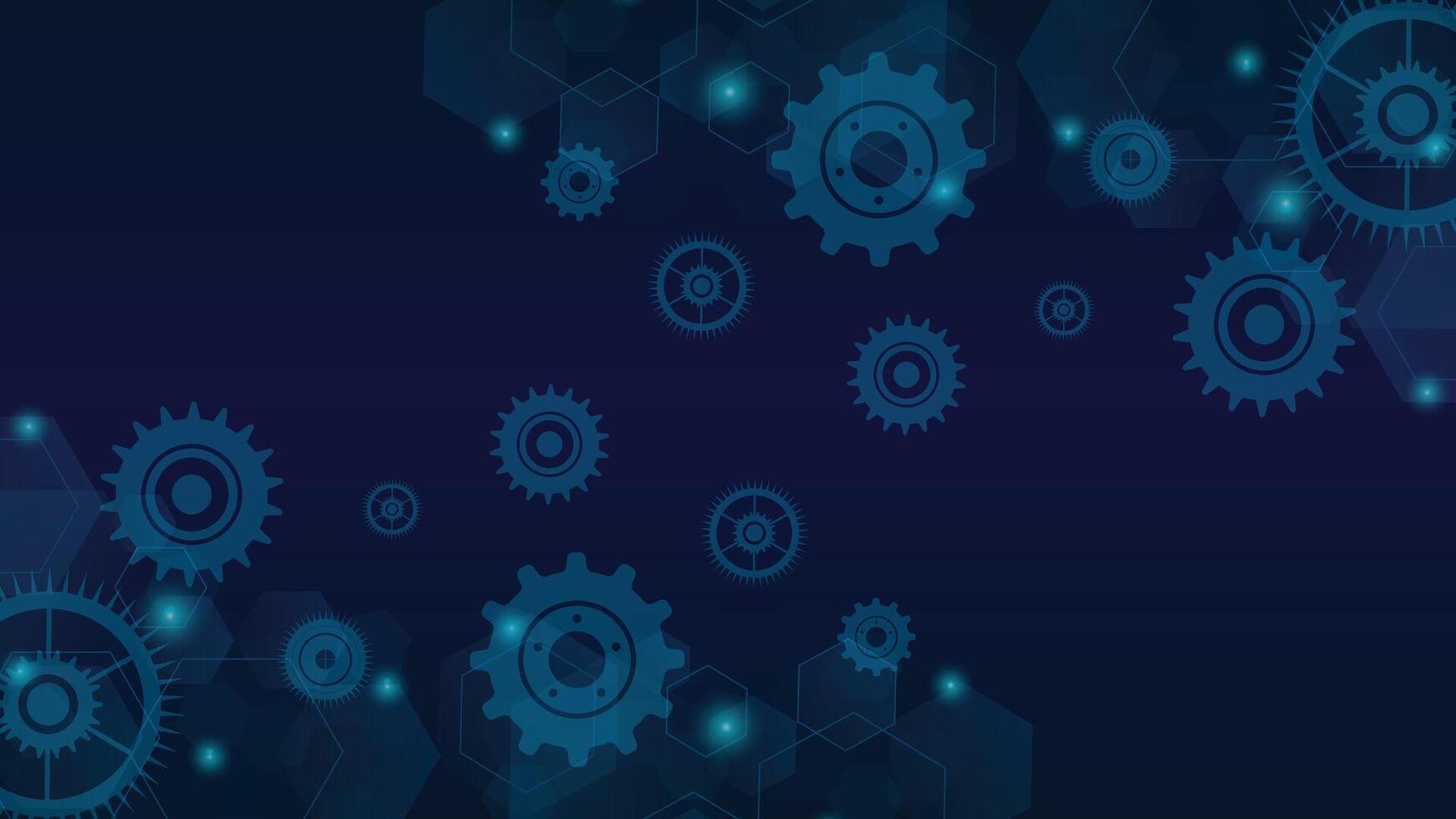 Abstract dark background featuring blue gears and hexagonal patterns ideal for tech themes and presentations vector