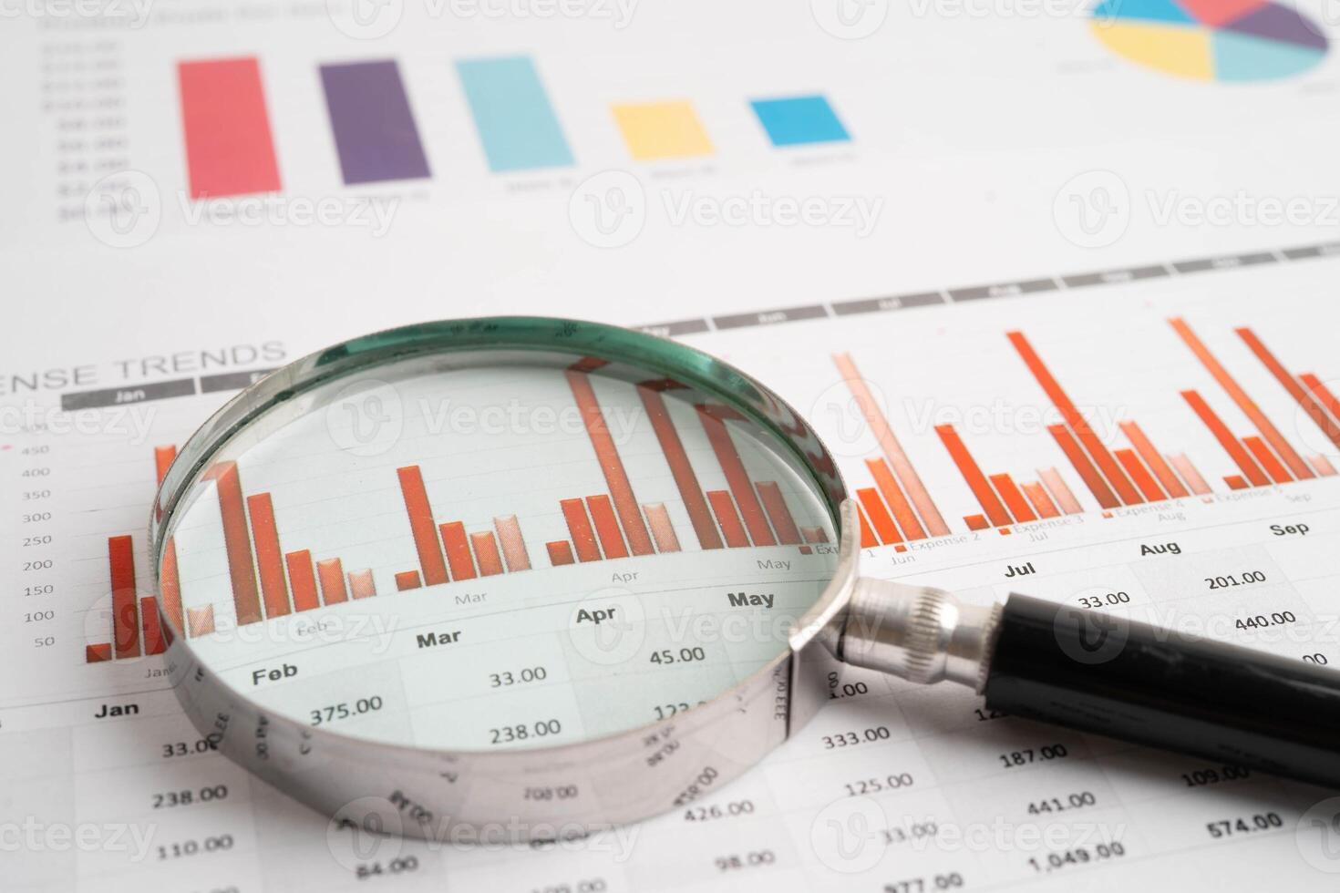 Magnifying glass on charts graphs paper. Financial development, Banking Account, Statistic Investment Analytic photo