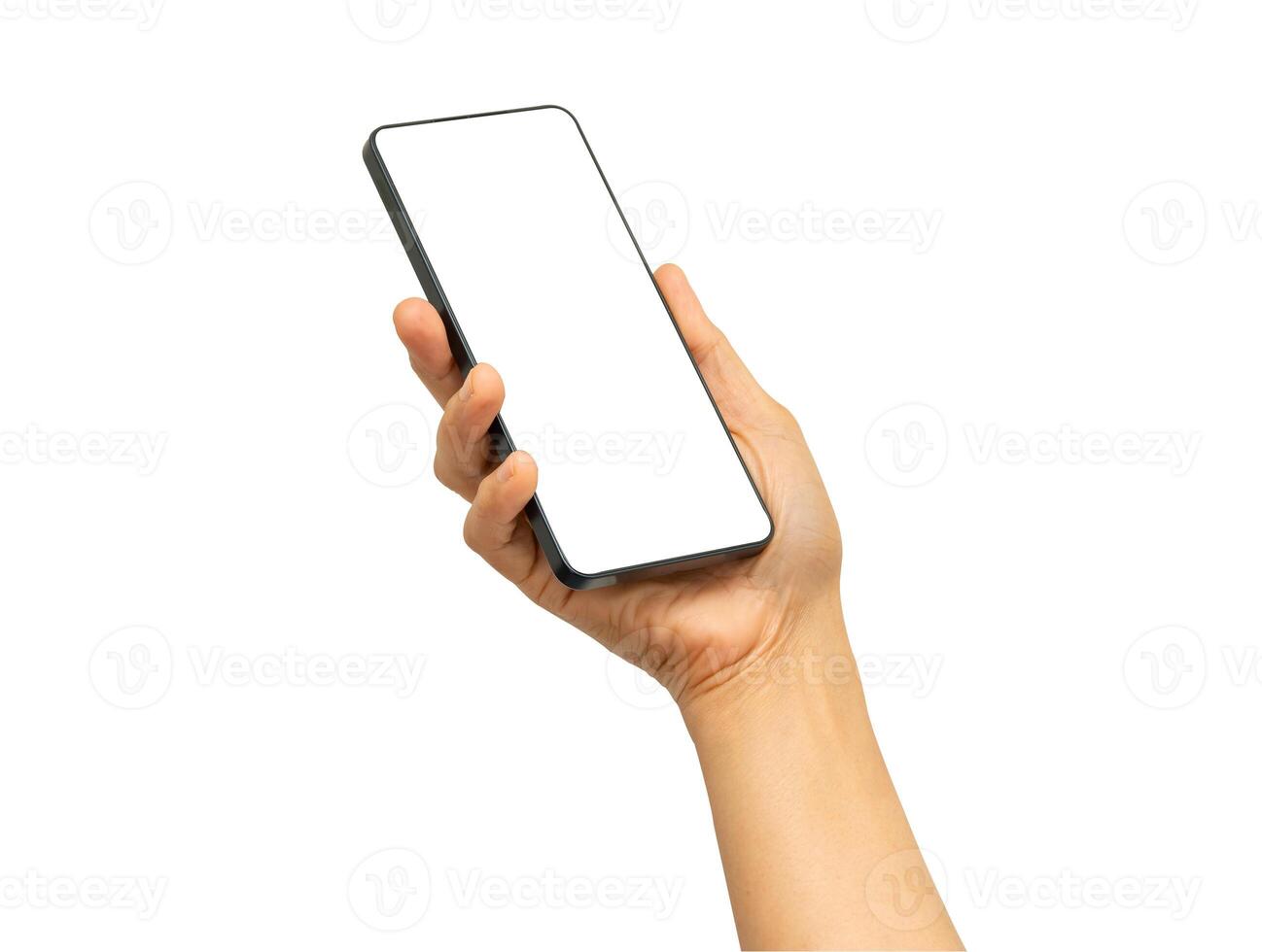 woman holding smartphone in hand with blank screen isolated on white background with clipping path. photo