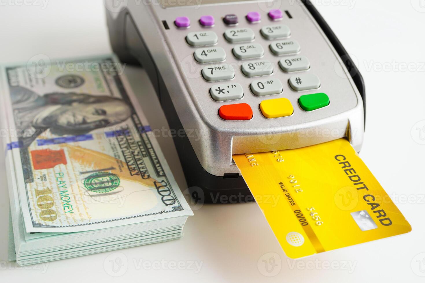Payment POS terminal technology with US dollar banknote for finance and shopping business. photo