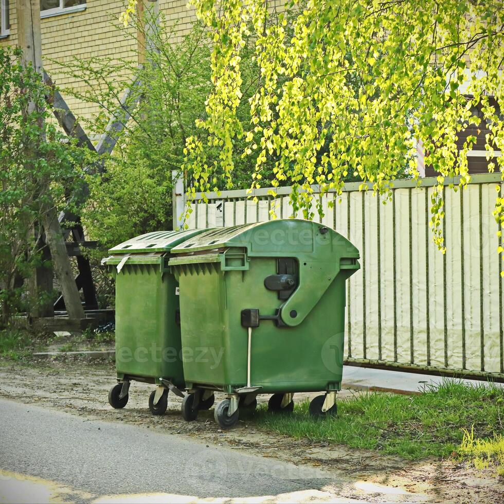 green trash containers in sunlit street near fence with birch tree branches and greenery photo