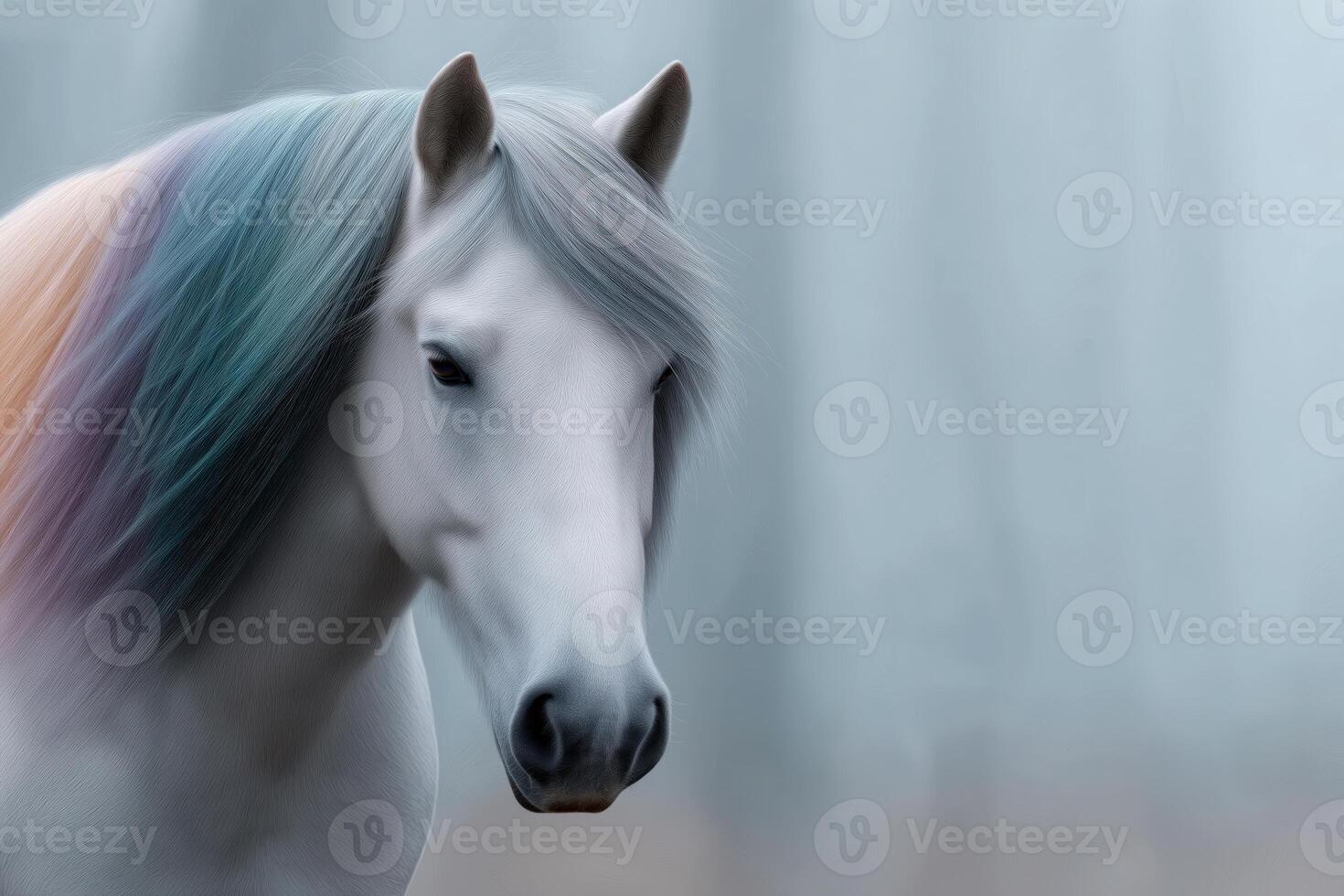 Snowy White Horse Portrait Multicolored Mane, Soft Winter Light photo